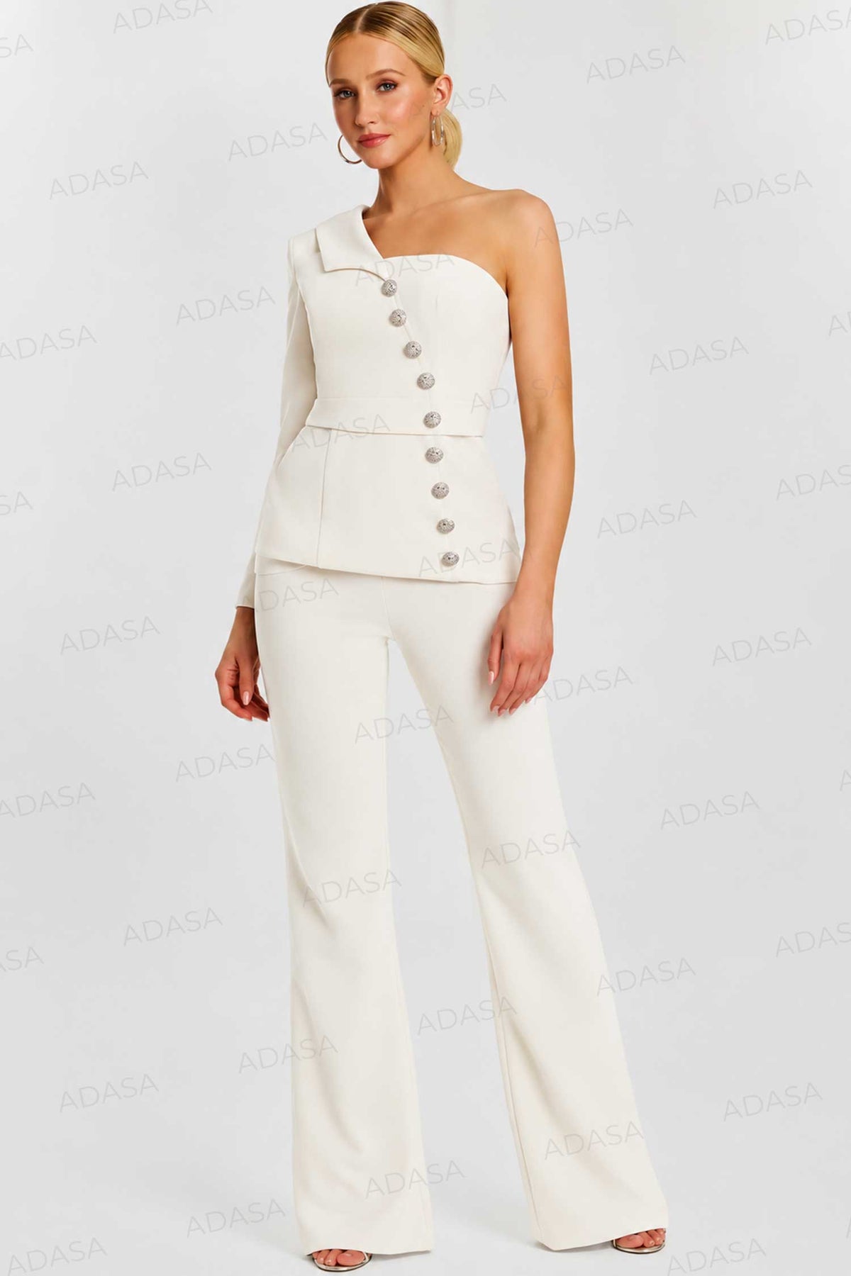 Jovani 47234 - Button Detail Asymmetric Crepe Pantsuit