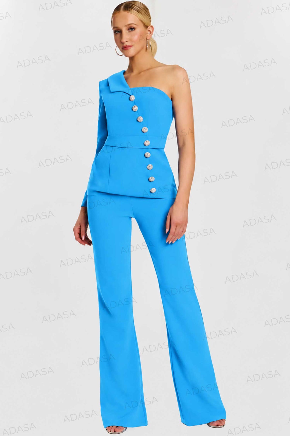 Jovani 47234 - Button Detail Asymmetric Crepe Pantsuit