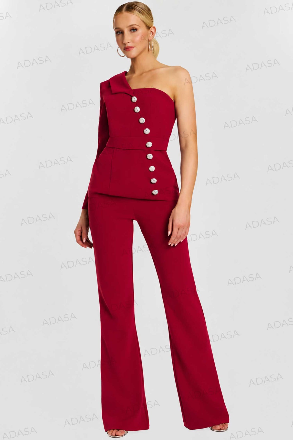 Jovani 47234 - Button Detail Asymmetric Crepe Pantsuit