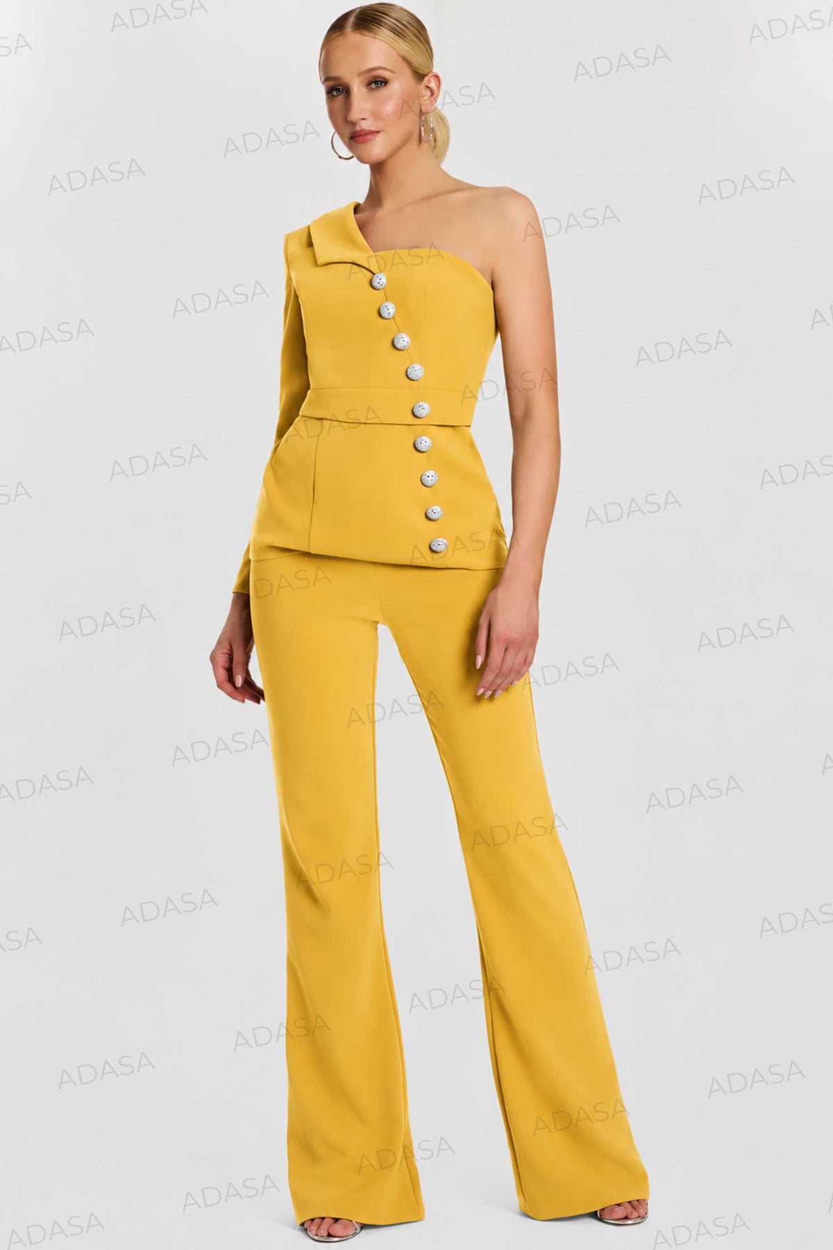 Jovani 47234 - Button Detail Asymmetric Crepe Pantsuit