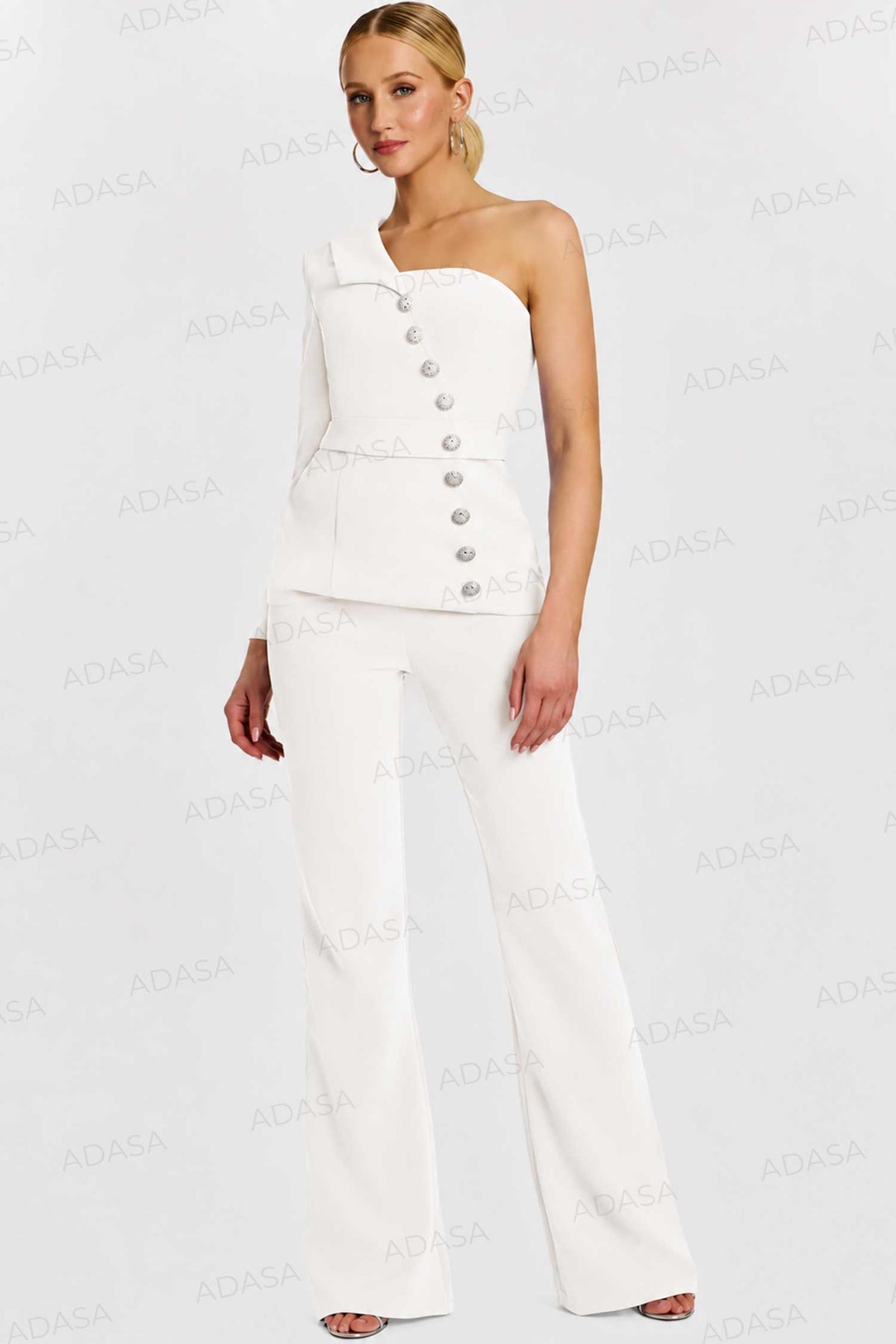 Jovani 47234 - Button Detail Asymmetric Crepe Pantsuit