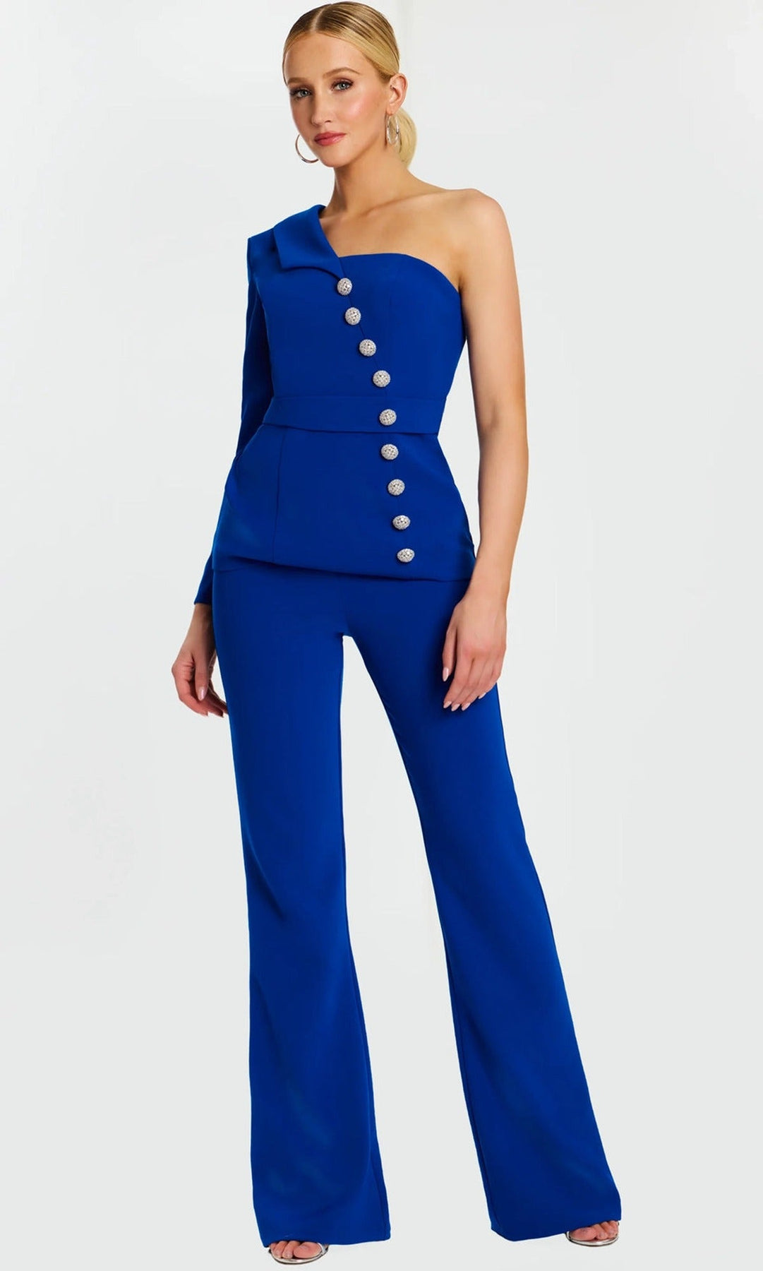 Jovani 47234 One Sleeved Pantsuit with Crystal Buttons