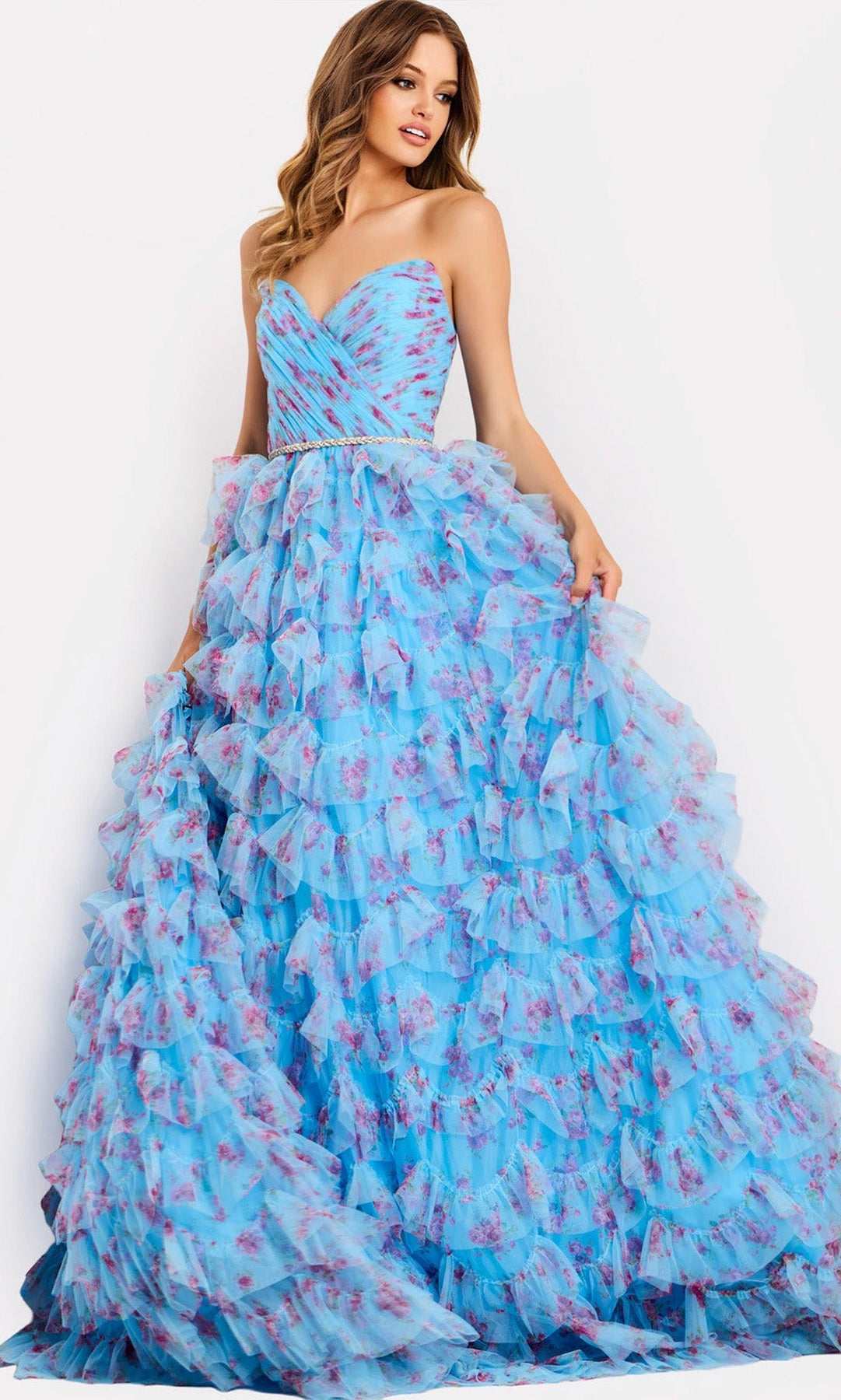Jovani 47267 Beaded Belt Ruffle Printed Ballgown