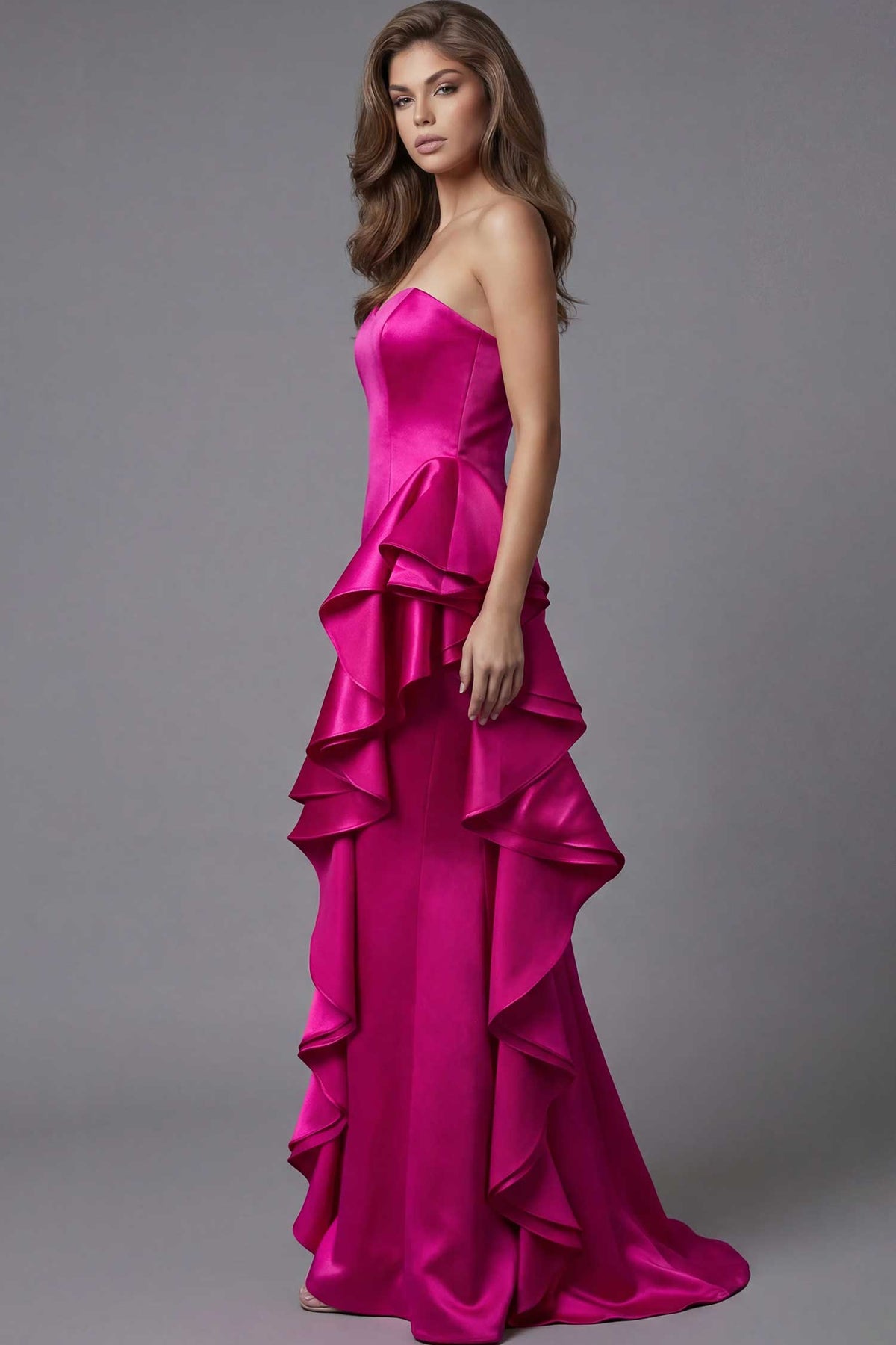 jovani 47386 - ruffle panel scoop satin prom gown