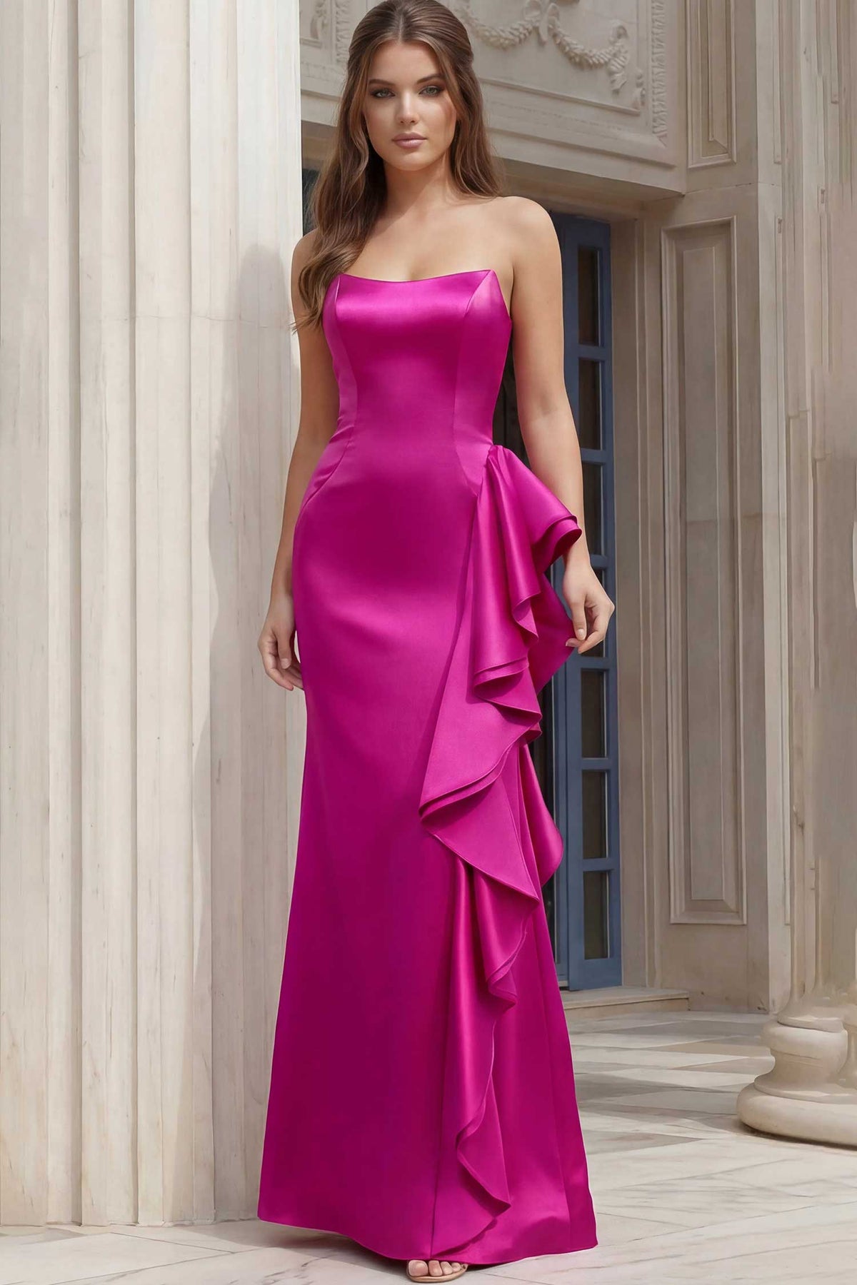 jovani 47386 - ruffle panel scoop satin prom gown