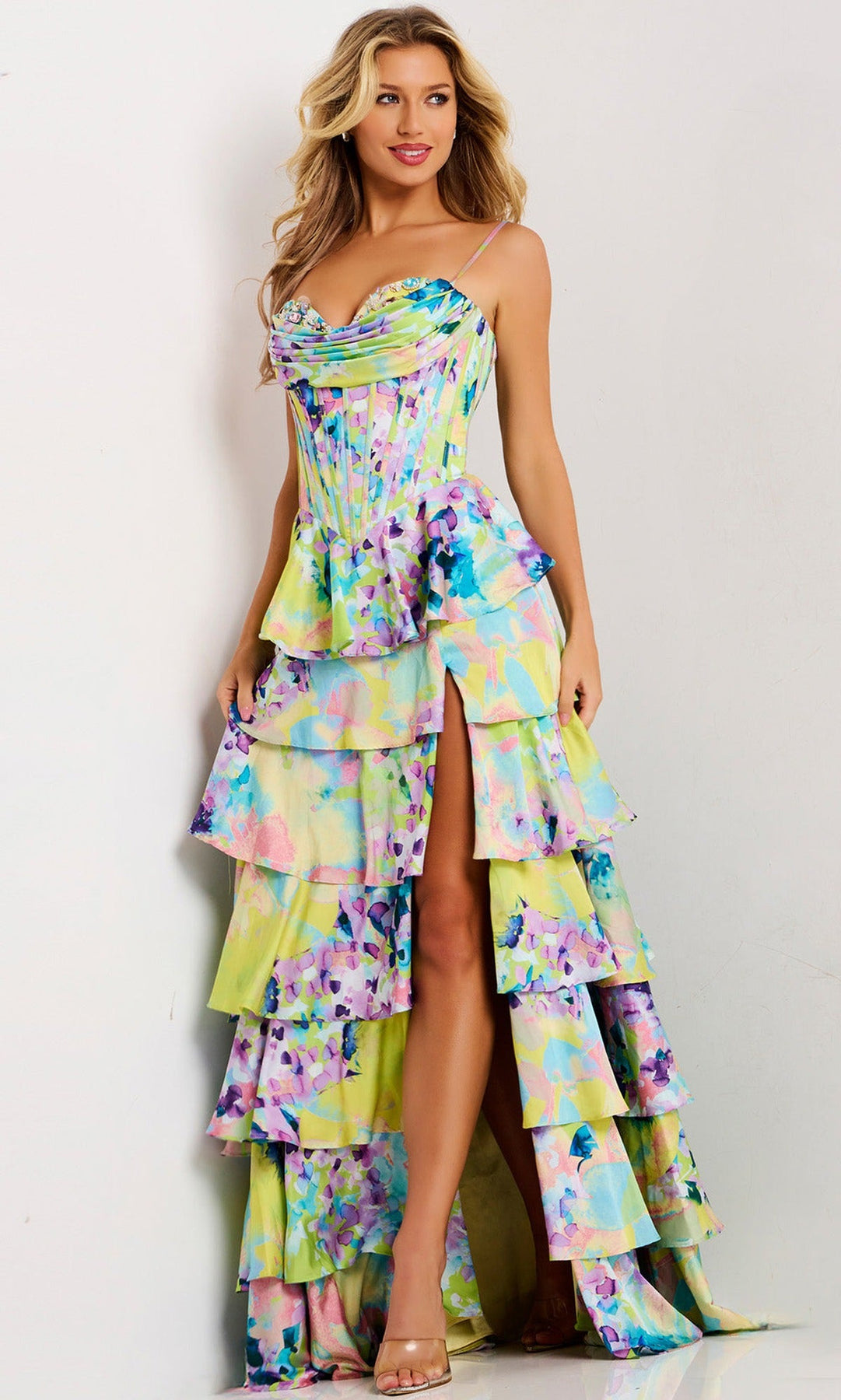Jovani 47560 Tiered Ruffle Watercolor Print Dress