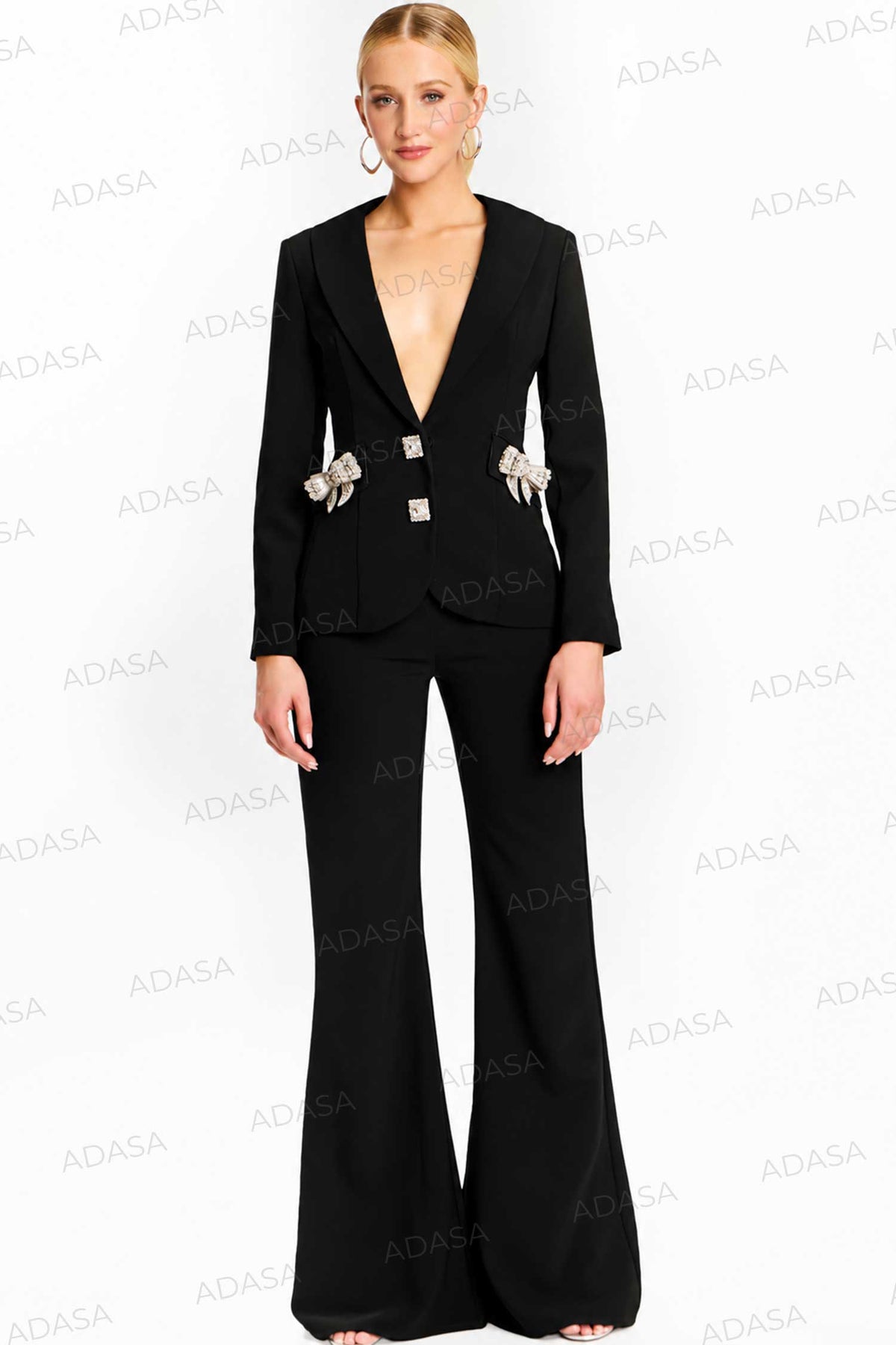 Jovani 47615 - Jeweled Bow Plunge V-Neck Pantsuit