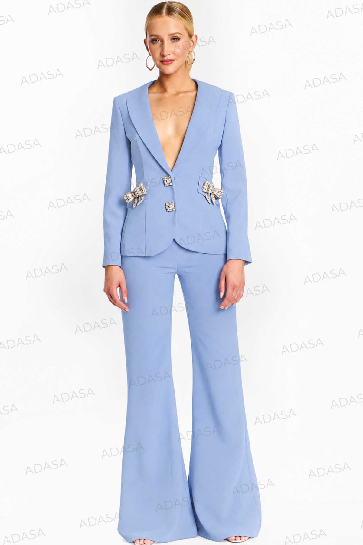 Jovani 47615 - Jeweled Bow Plunge V-Neck Pantsuit