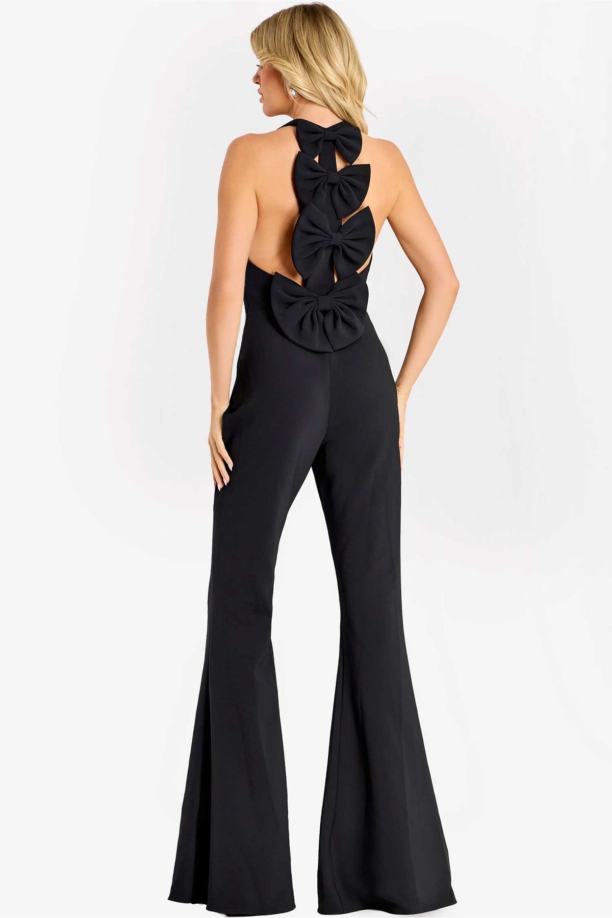 Jovani 47640 - Plunging V-Neck Crepe Jumpsuit with Bows