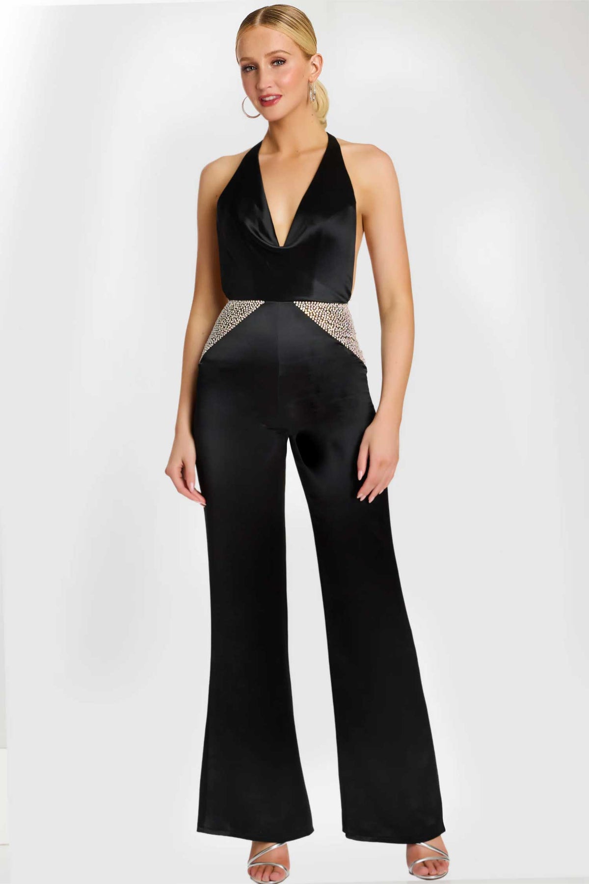 Jovani 47720 - Plunging Halter Jumpsuit with Crystal Detail