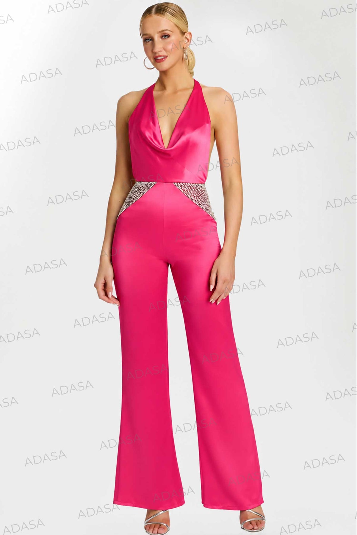 Jovani 47720 - Plunging Halter Jumpsuit with Crystal Detail