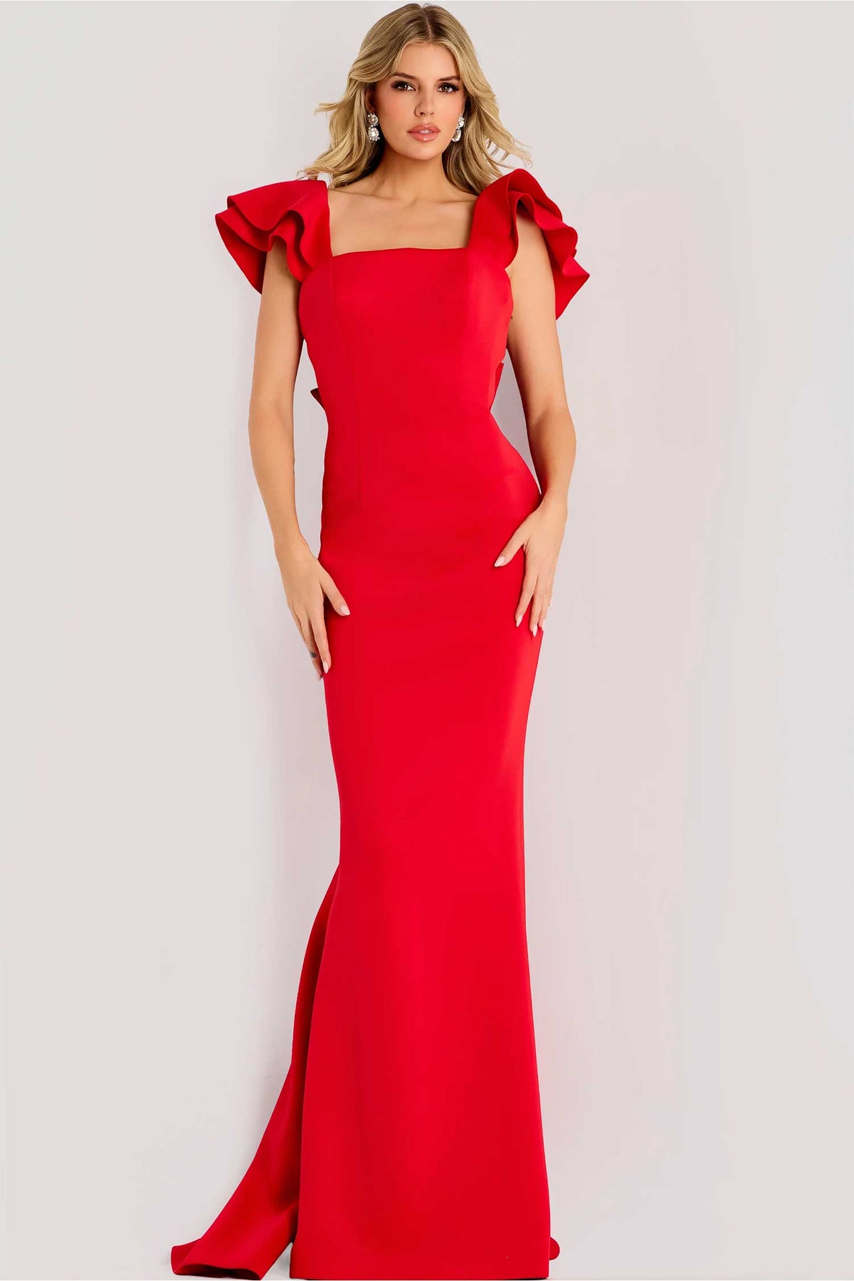 Jovani 47844 - Square Neck Crepe Gown with Back Ruffle