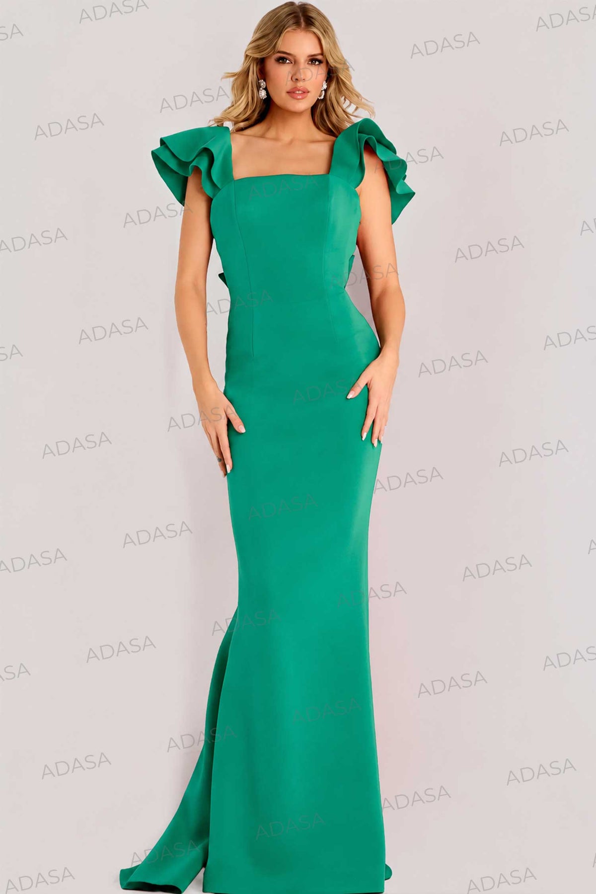 Jovani 47844 - Square Neck Crepe Gown with Back Ruffle
