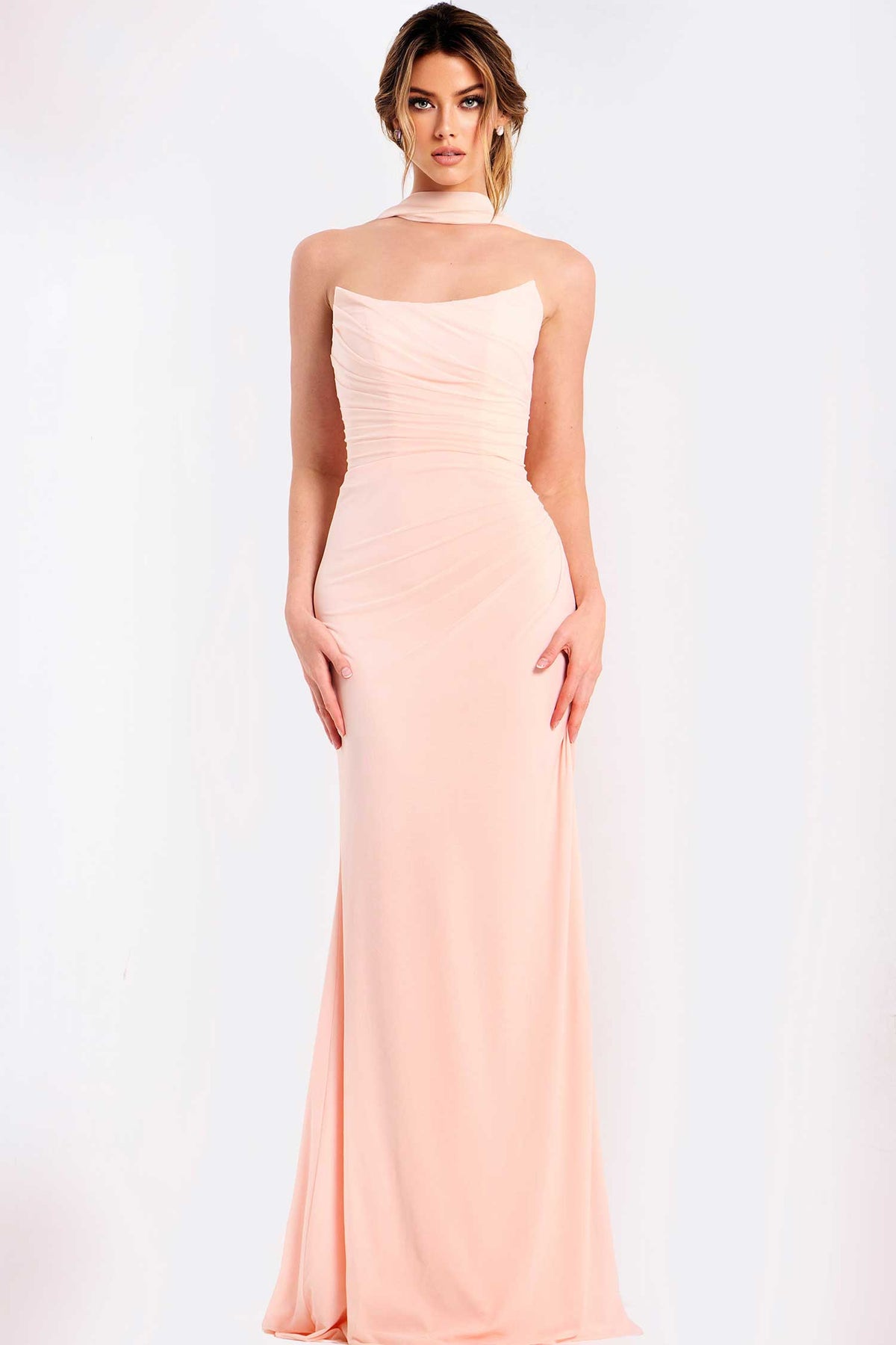 Jovani 47874 - Ruched Strapless Gown with Scarf Detail