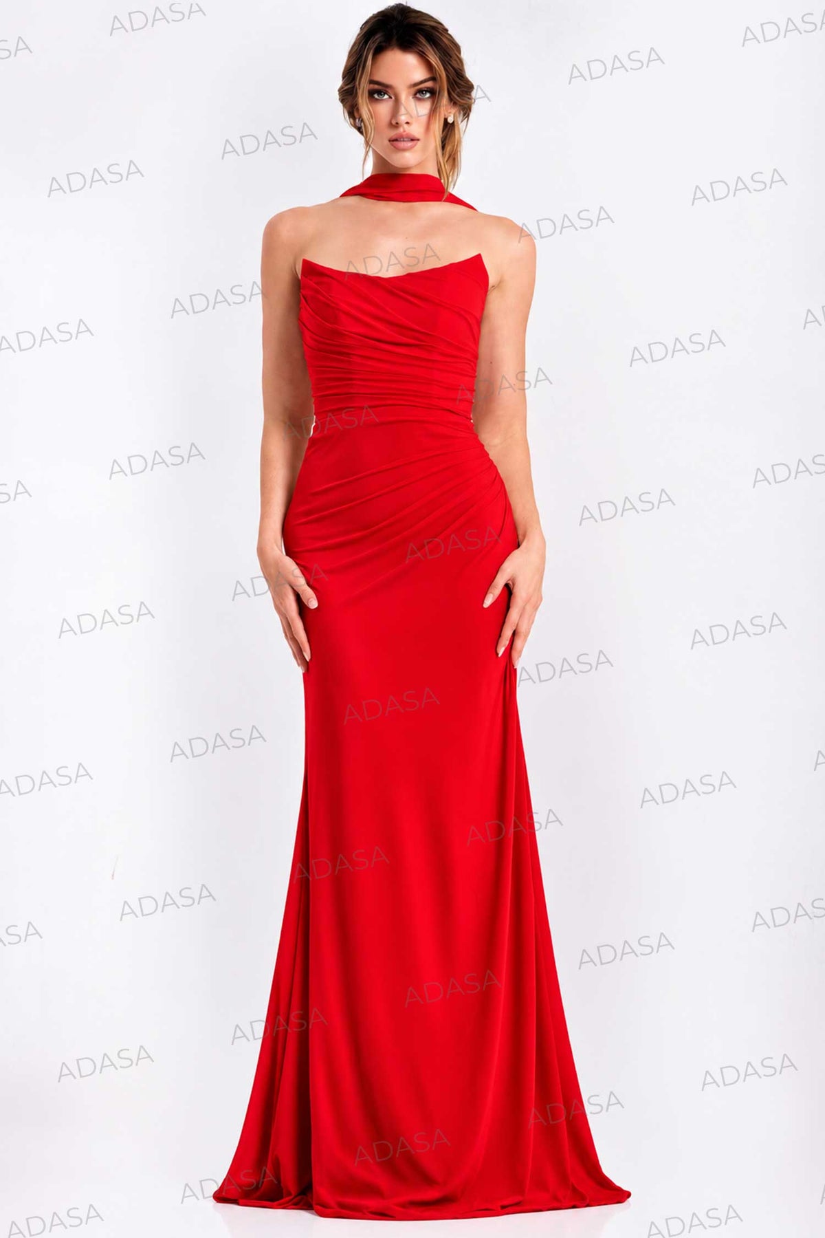 Jovani 47874 - Ruched Strapless Gown with Scarf Detail