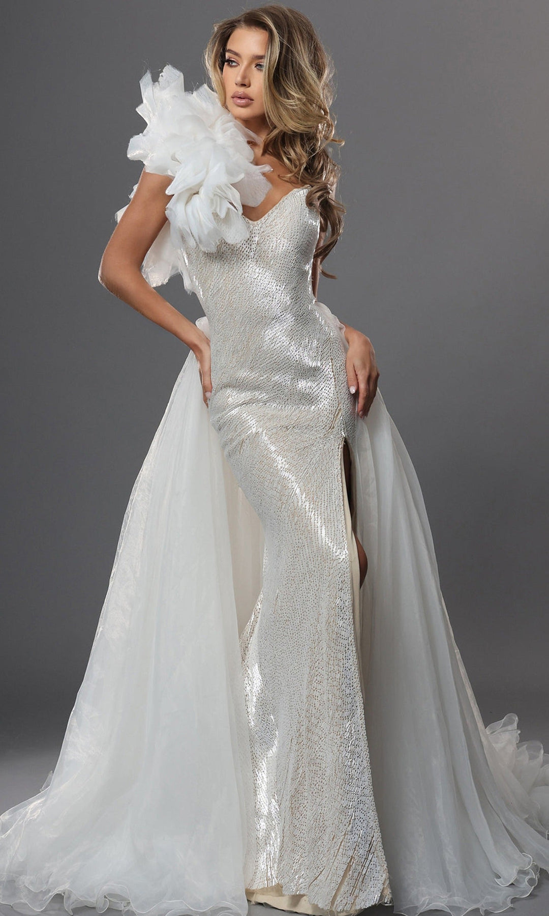 Jovani 47895 - Beaded Bodice High Slit Overskirt Gown