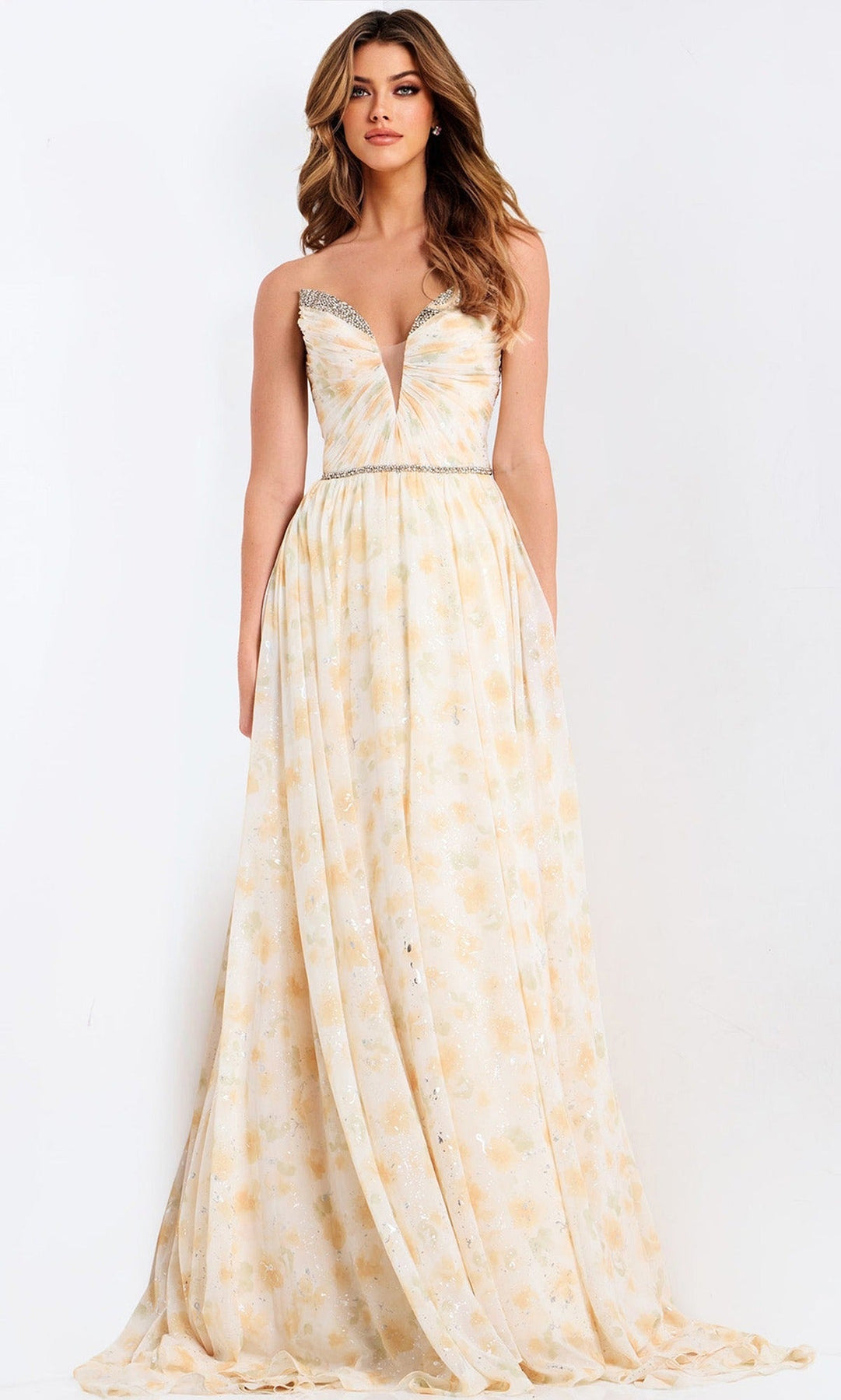 Jovani 48139 Floral Chiffon Plunging A-Line Dress