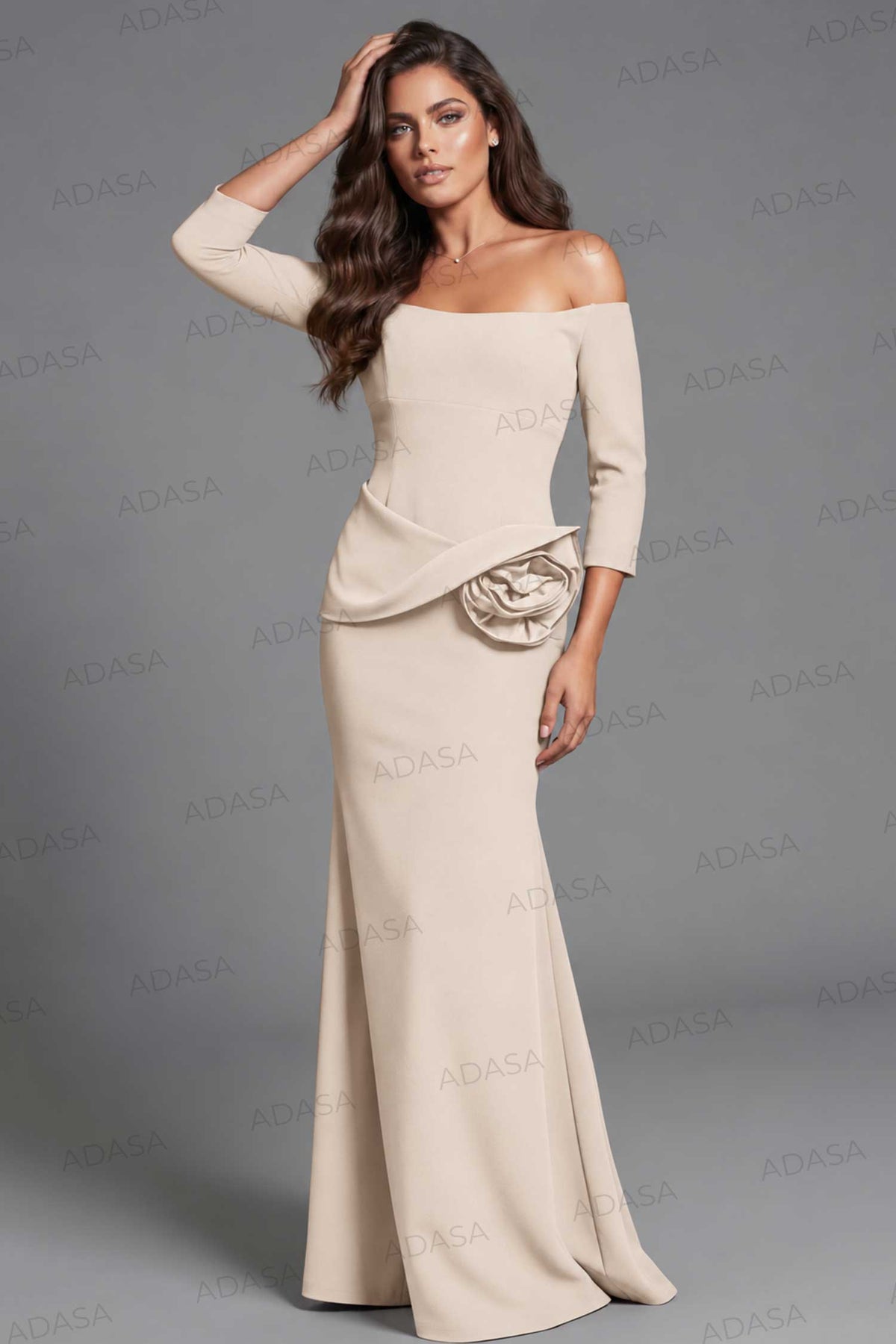 Jovani 48207 - Rosette Waist Three-Quarter Sleeve Crepe Gown