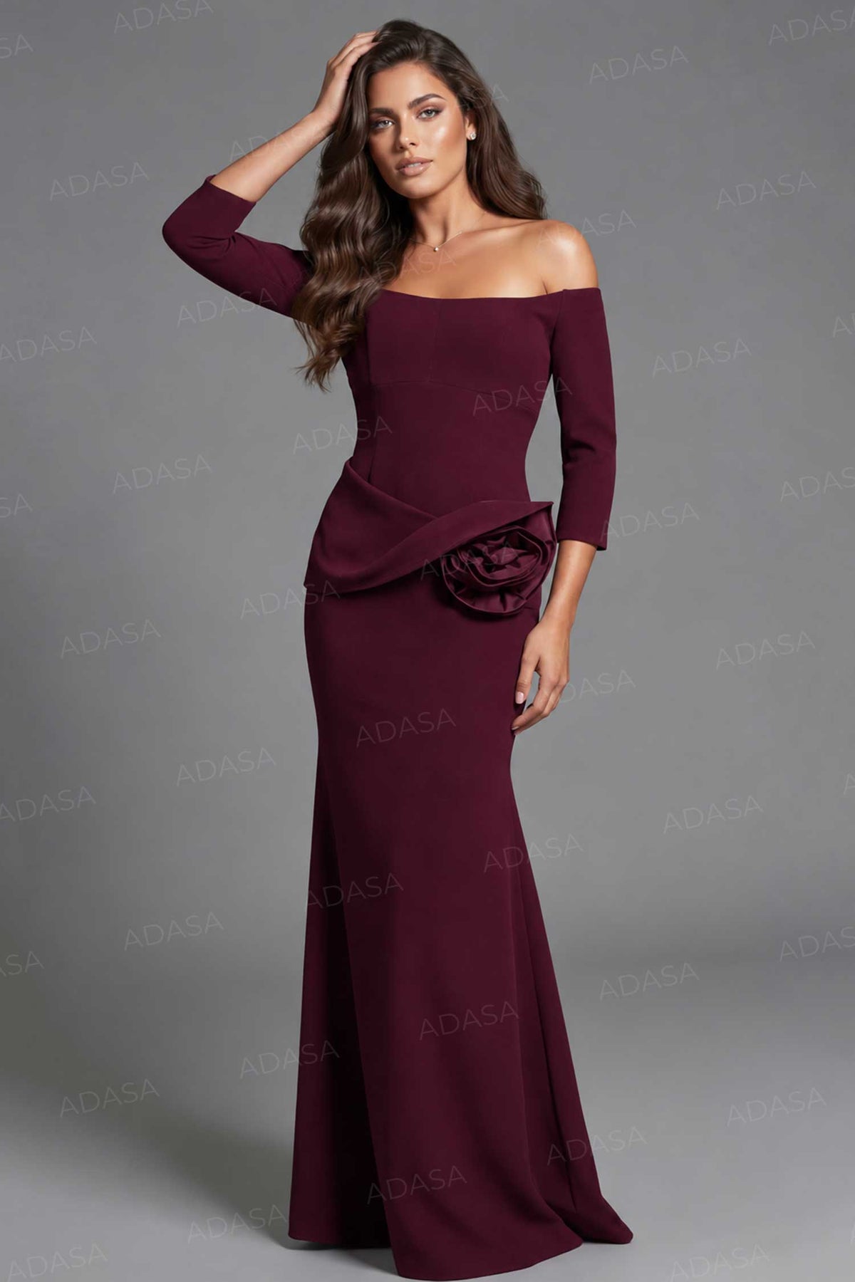 Jovani 48207 - Rosette Waist Three-Quarter Sleeve Crepe Gown
