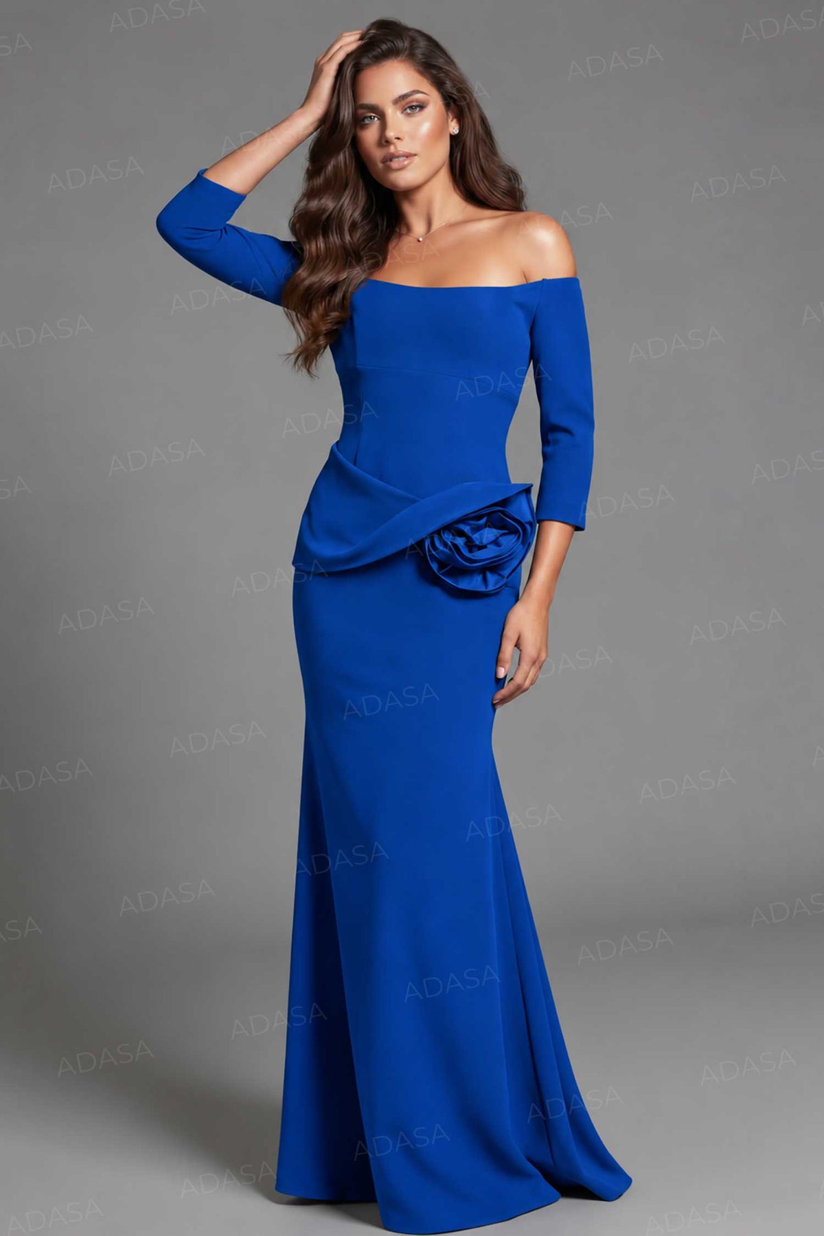 Jovani 48207 - Rosette Waist Three-Quarter Sleeve Crepe Gown
