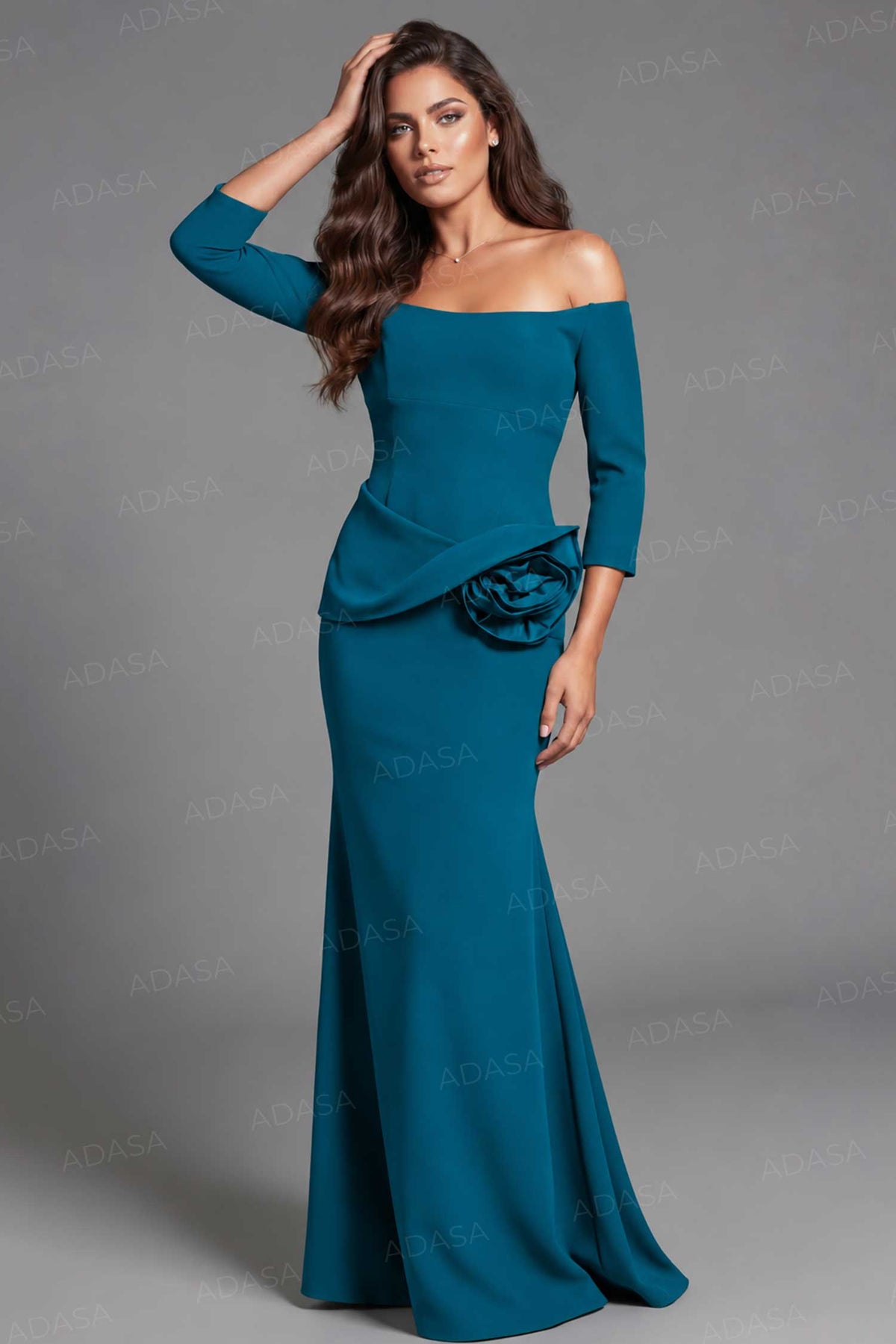Jovani 48207 - Rosette Waist Three-Quarter Sleeve Crepe Gown