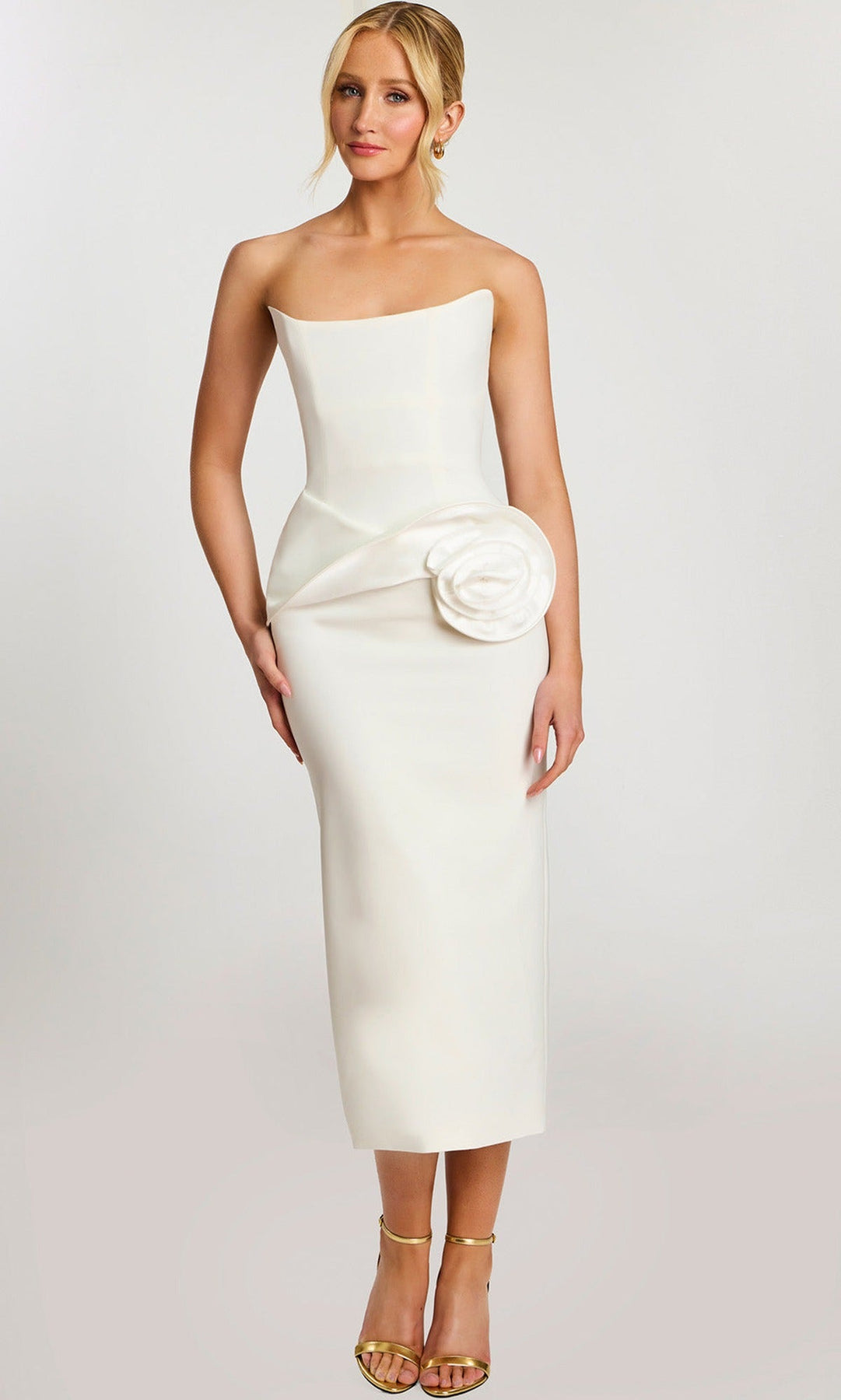 Jovani 48208 - Back Slit Strapless Tea-Length Dress