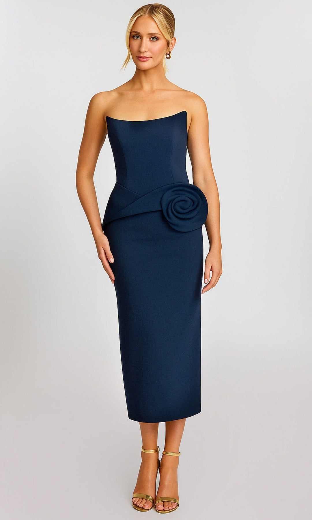 Jovani 48208 - Back Slit Strapless Tea-Length Dress