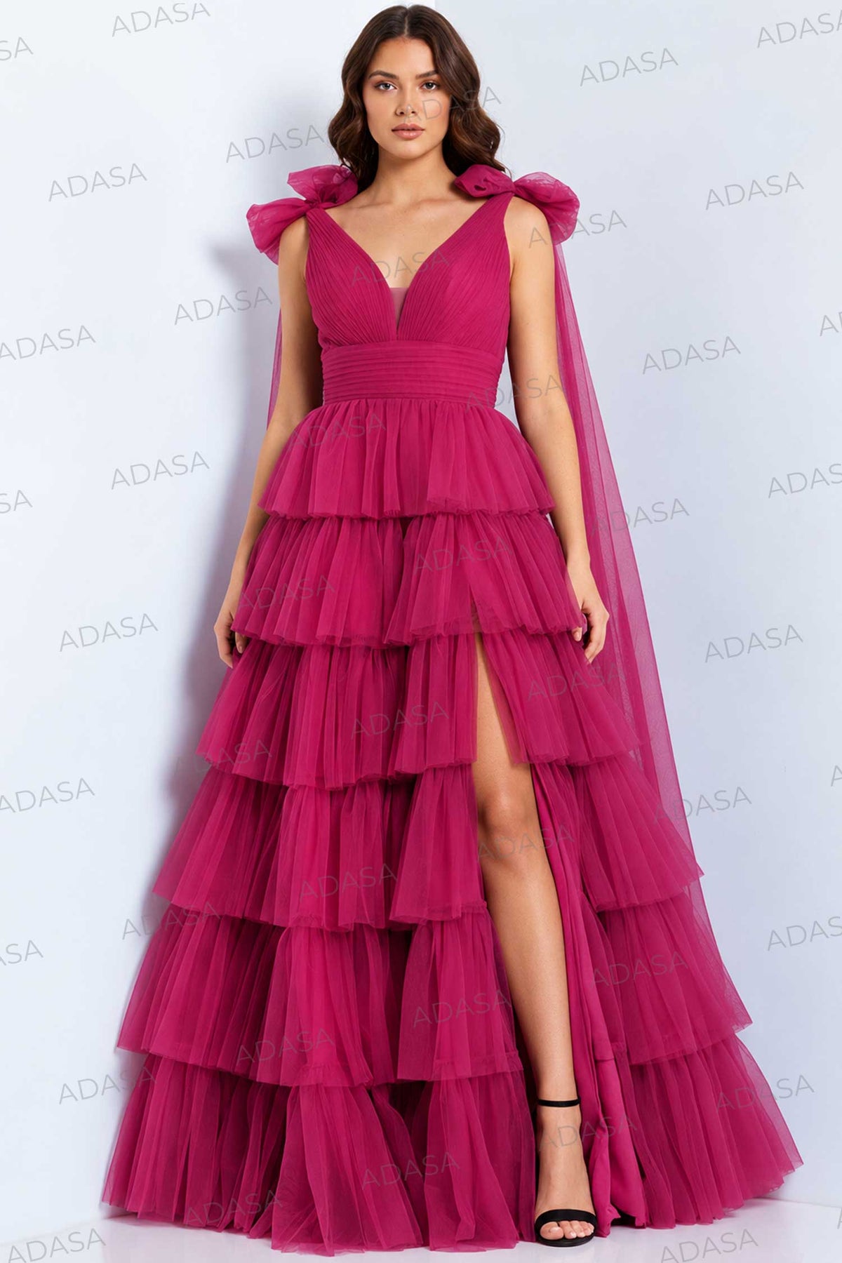 Jovani 48288 - Plunging Neck Tiered A-Line Gown