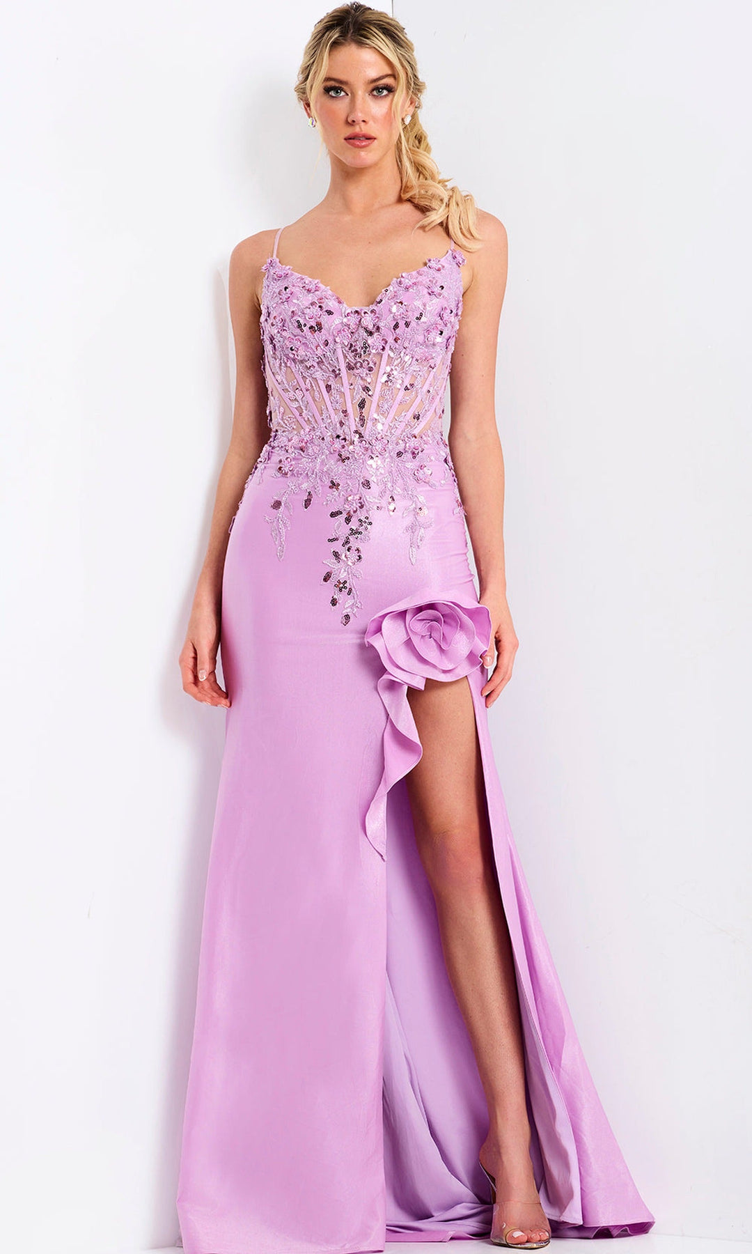 Jovani 48315 - Beaded Lace Spaghetti Strap V-Neck Gown