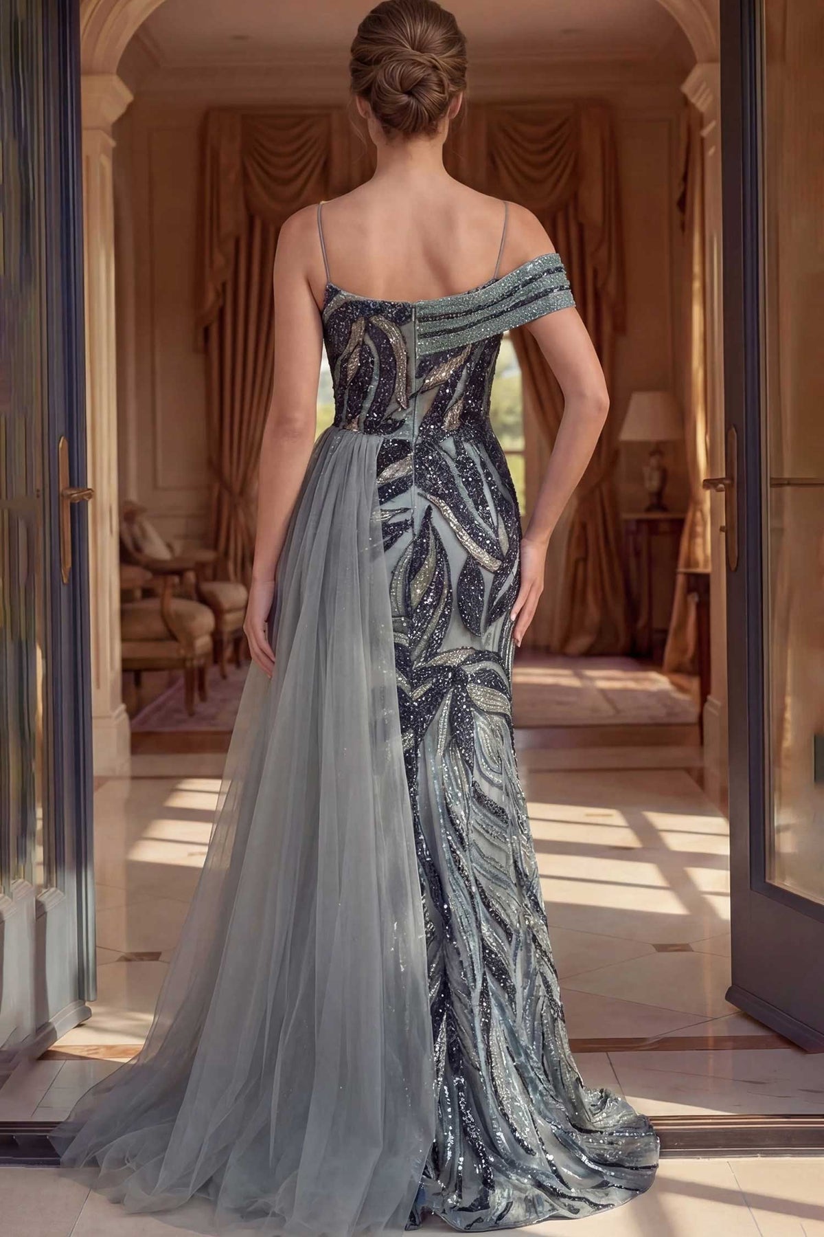 Jovani 48419 Leaf Beaded Tulle Overskirt Dress