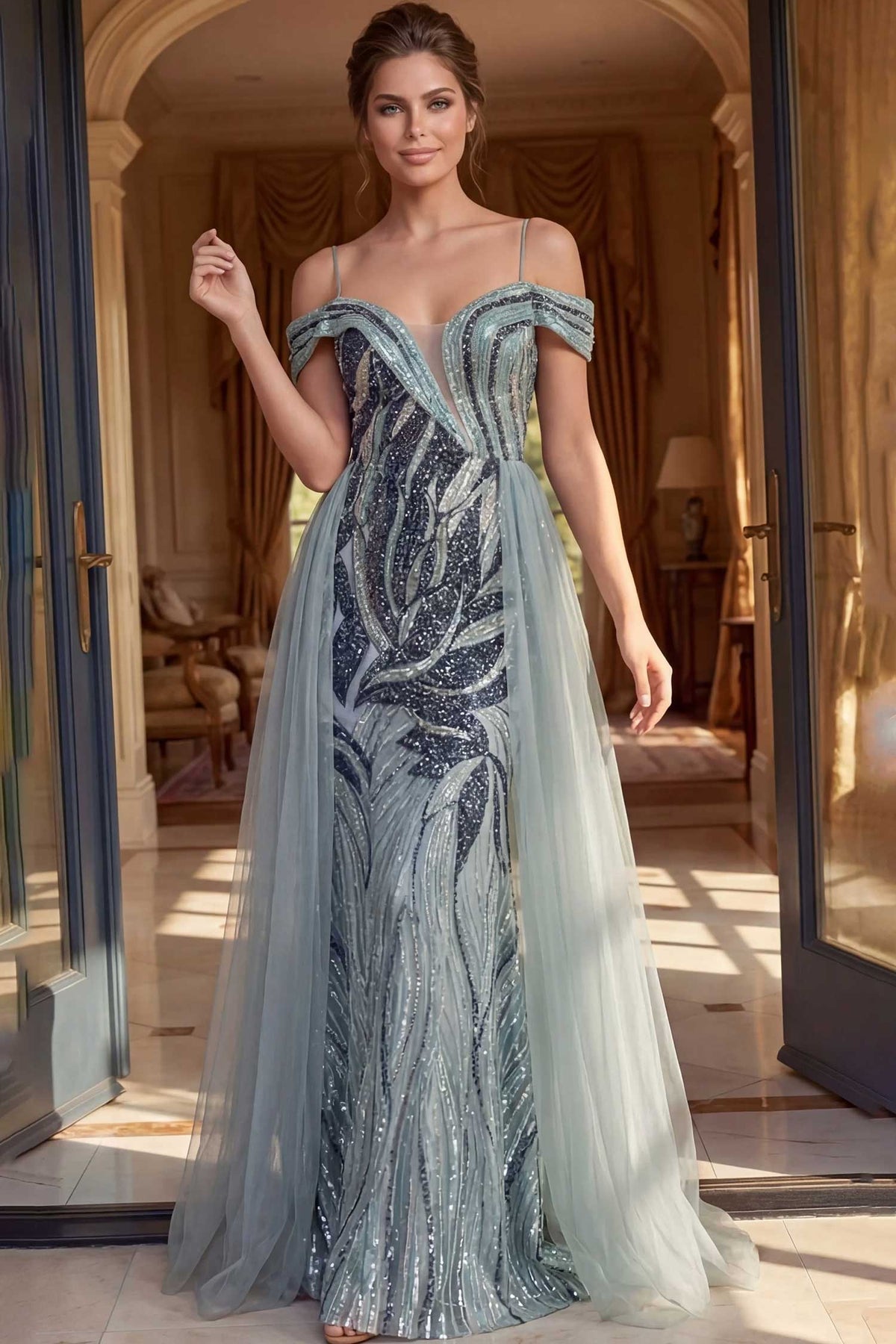 Jovani 48419 Leaf Beaded Tulle Overskirt Dress