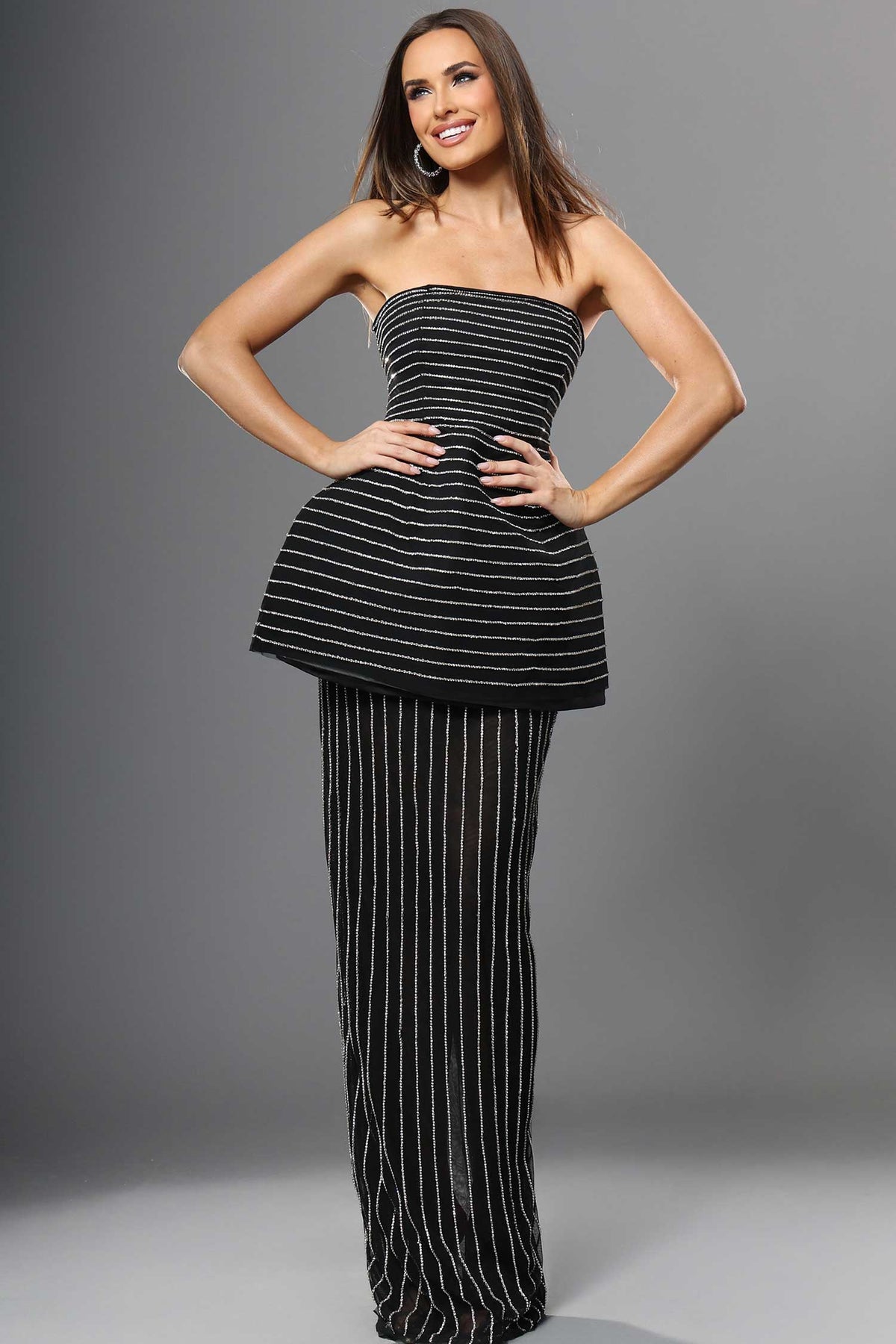 jovani 48591 - straight neck embellished stripe evening gown