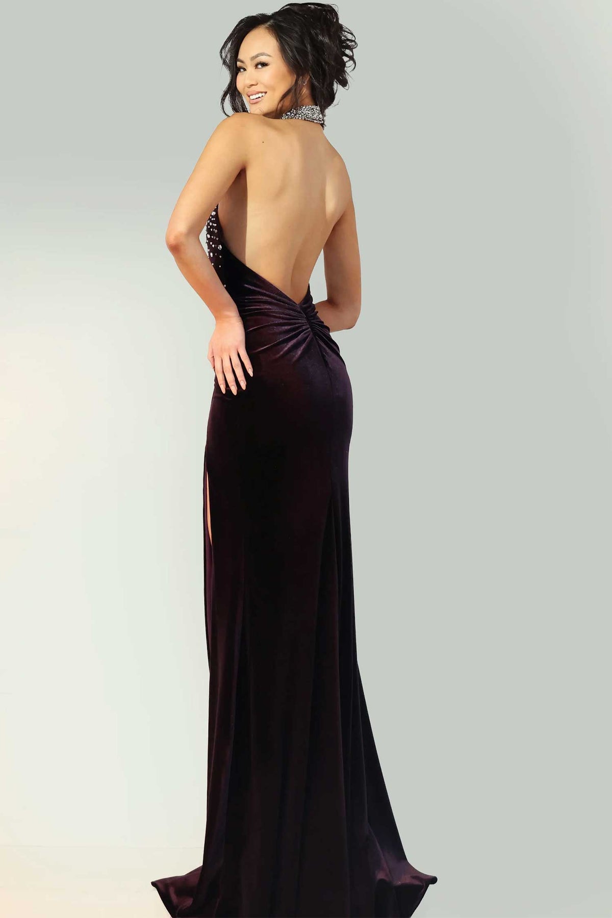 Jovani 48960 - Rhinestone Embellished Velvet Backless Dress