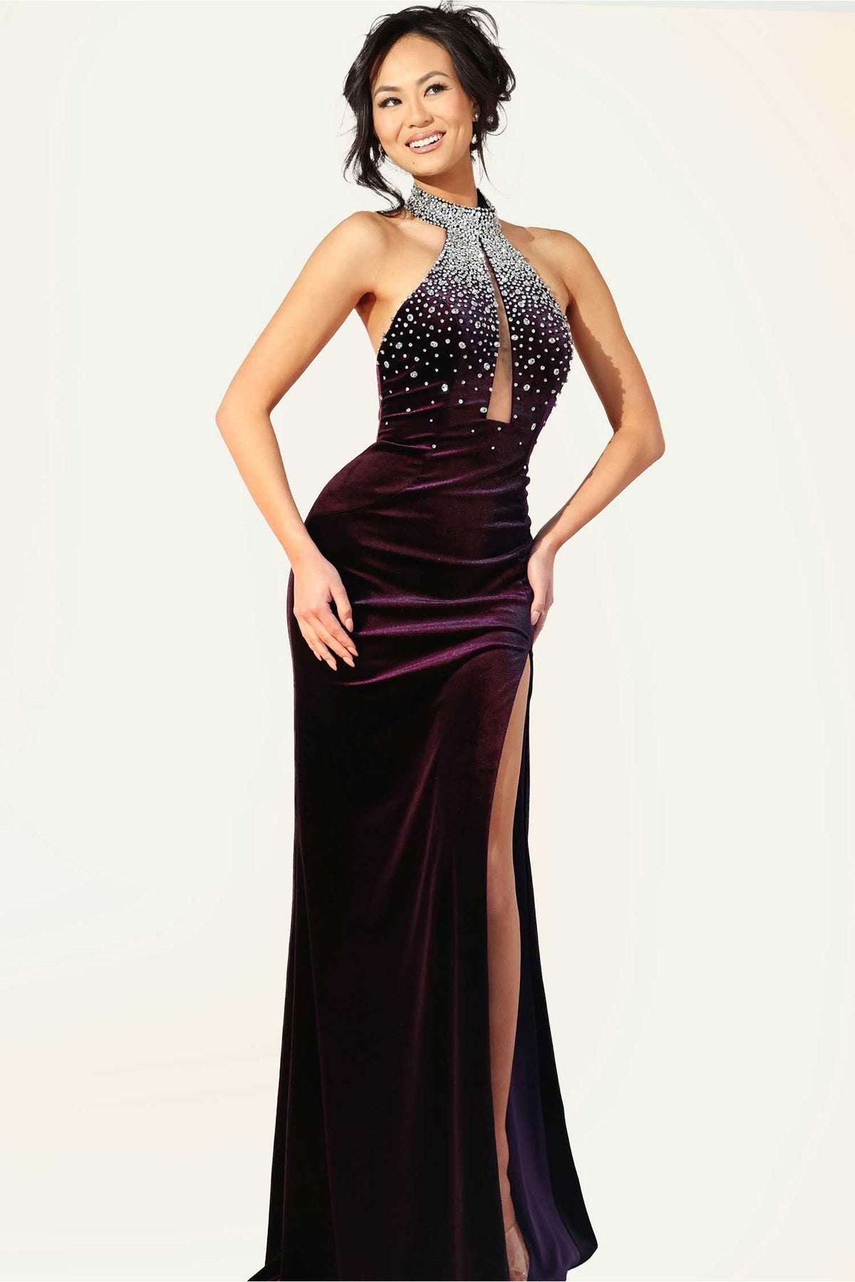 Jovani 48960 - Rhinestone Embellished Velvet Backless Dress