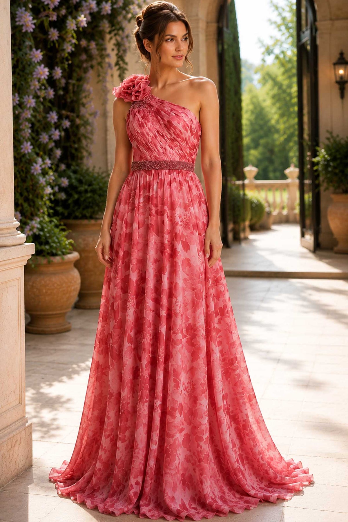 jovani 49018 - beaded waist asymmetrical floral evening gown