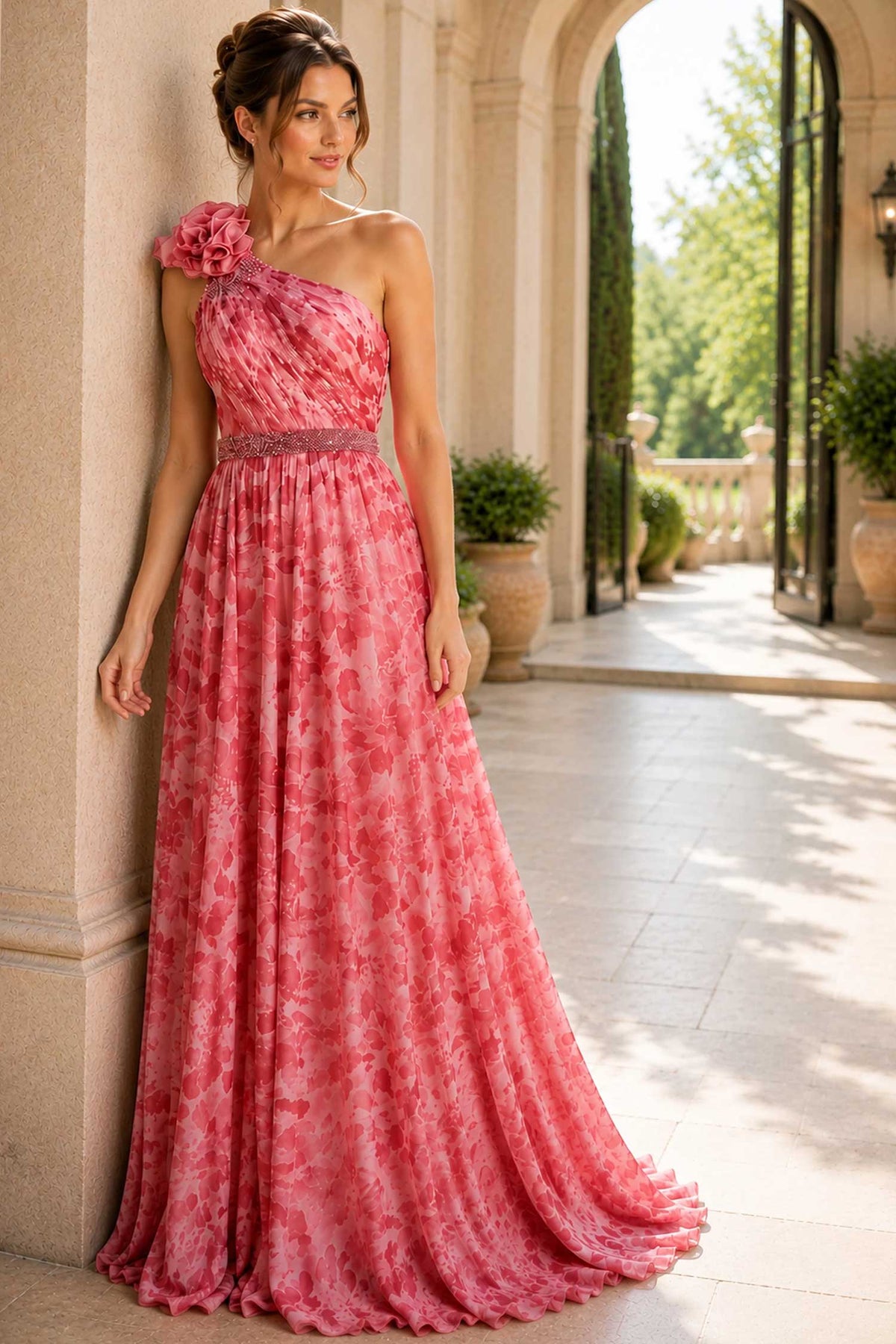 jovani 49018 - beaded waist asymmetrical floral evening gown