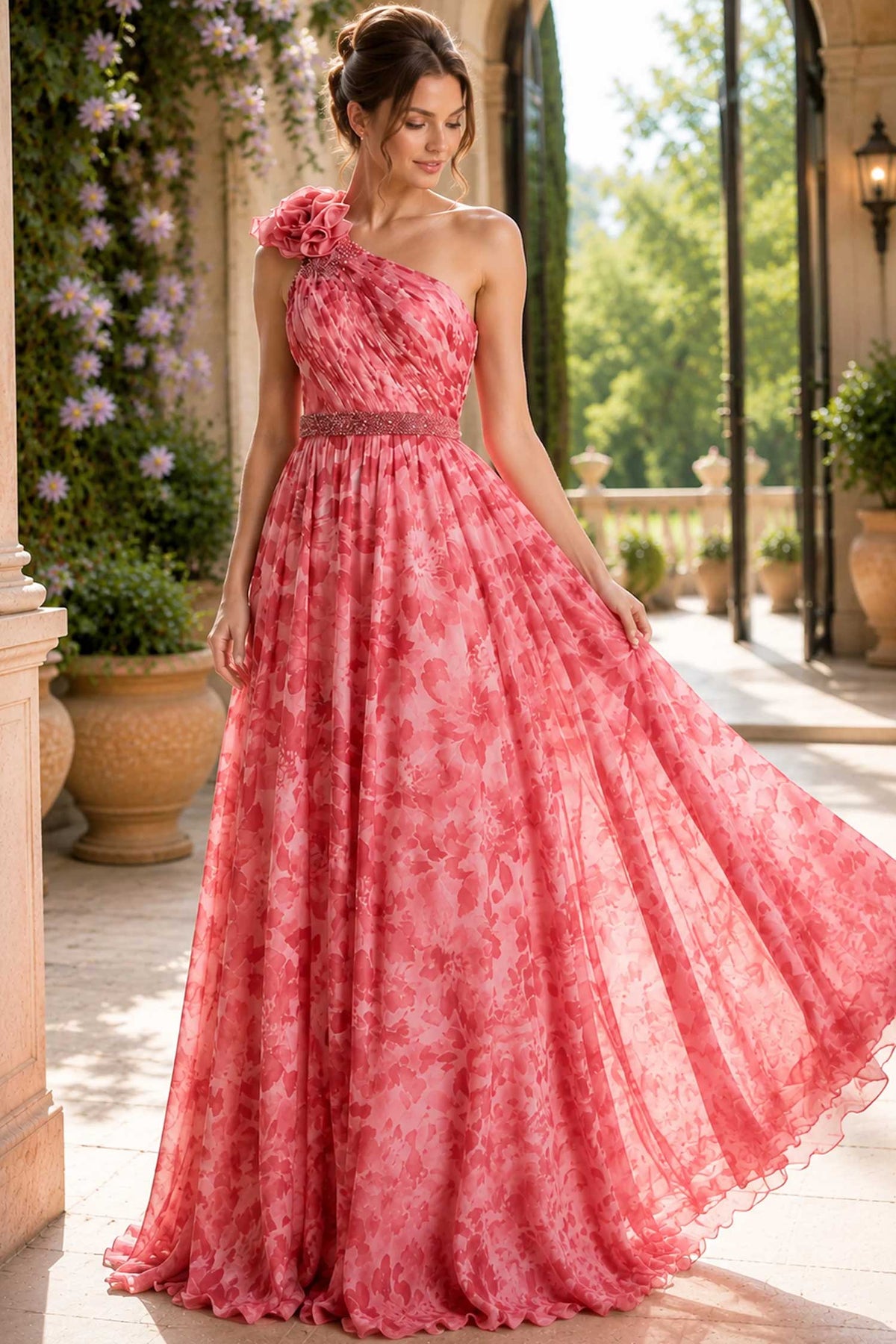 jovani 49018 - beaded waist asymmetrical floral evening gown
