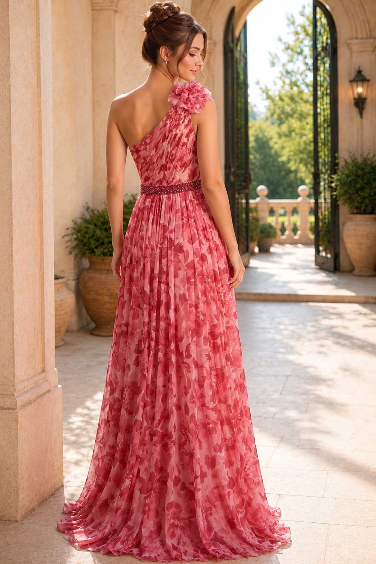 jovani 49018 - beaded waist asymmetrical floral evening gown