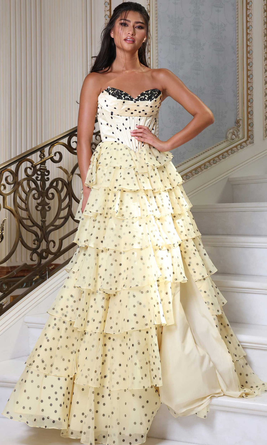 Jovani 49087 - Polka Dot Ruffle Sweetheart Gown