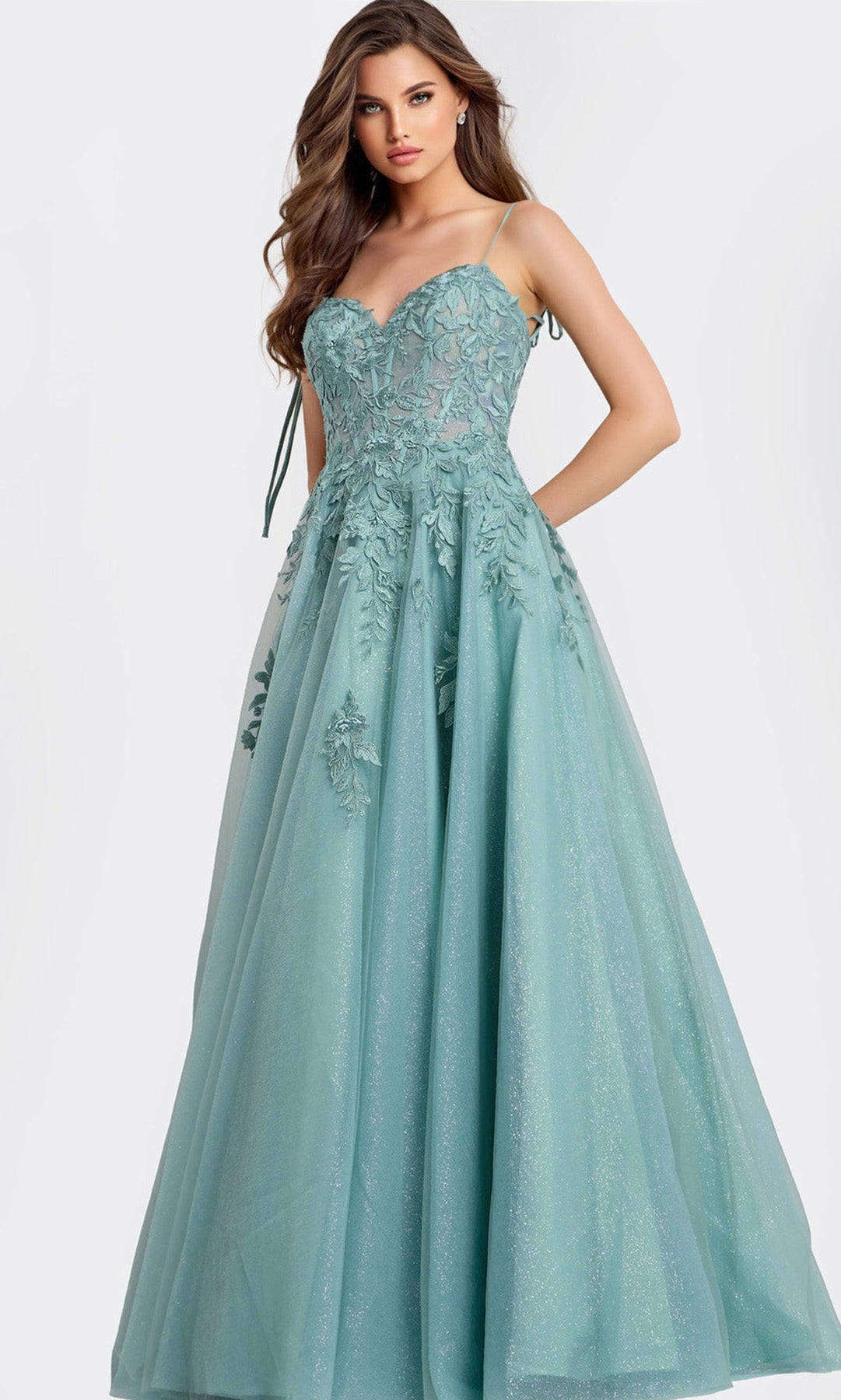 Jovani 49092 Spaghetti Strap A-Line Gown with Lace Applique