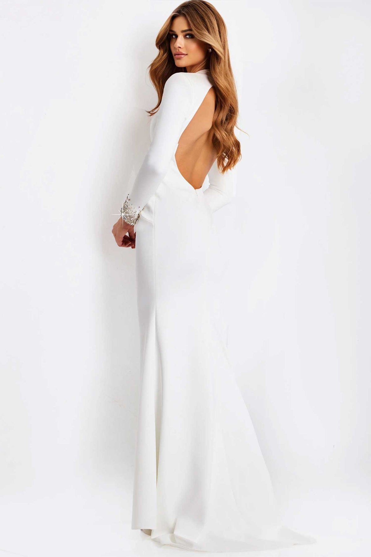 Jovani 49126 - Cutout Detail Long Sleeve Crepe Gown