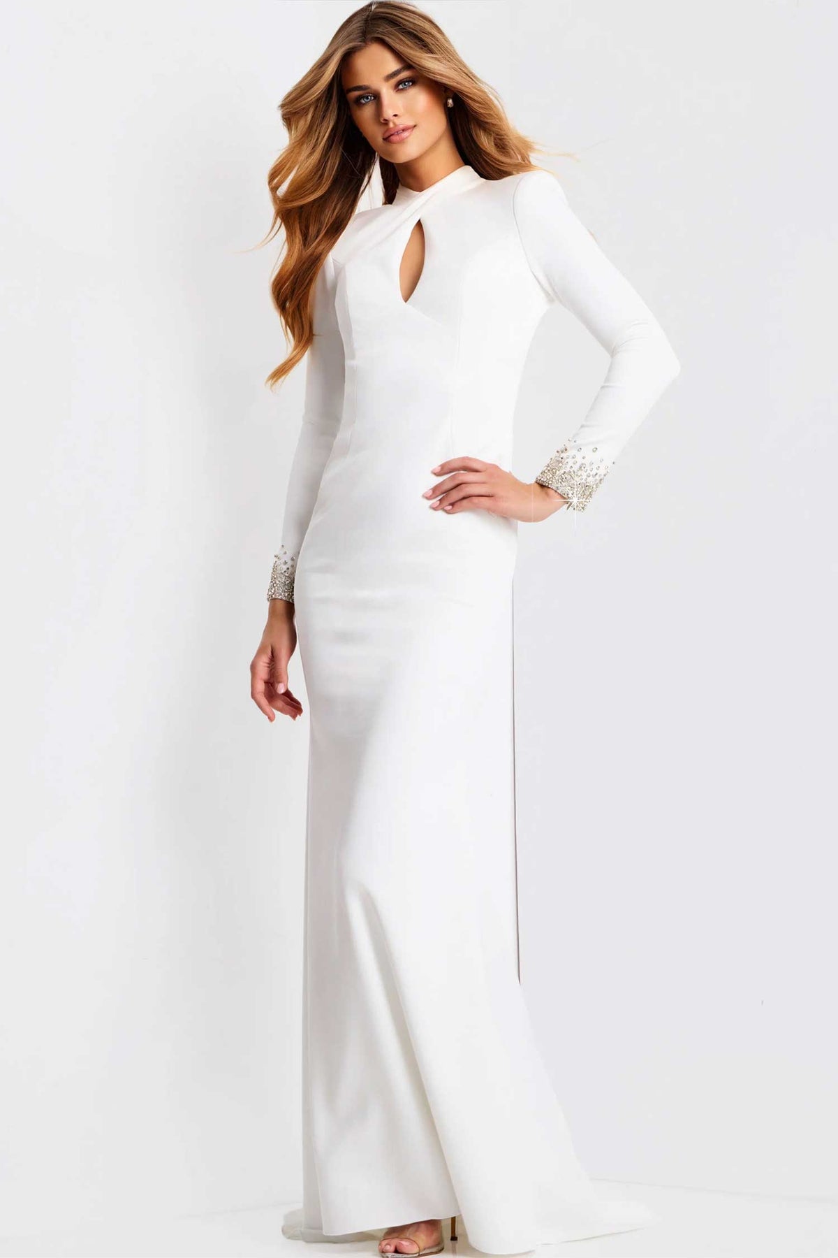 Jovani 49126 - Cutout Detail Long Sleeve Crepe Gown
