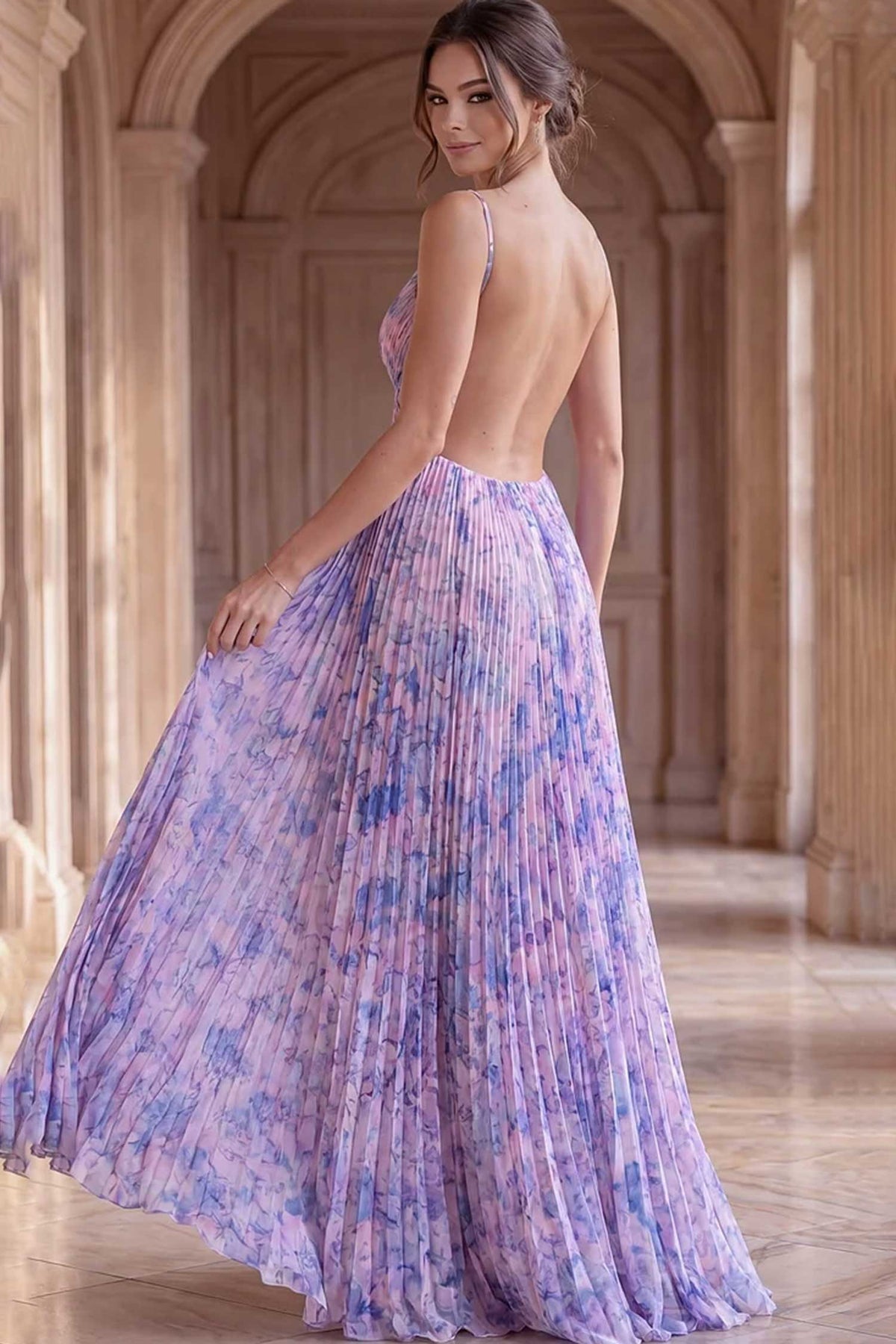 jovani 49161 - backless pleated floral prom gown