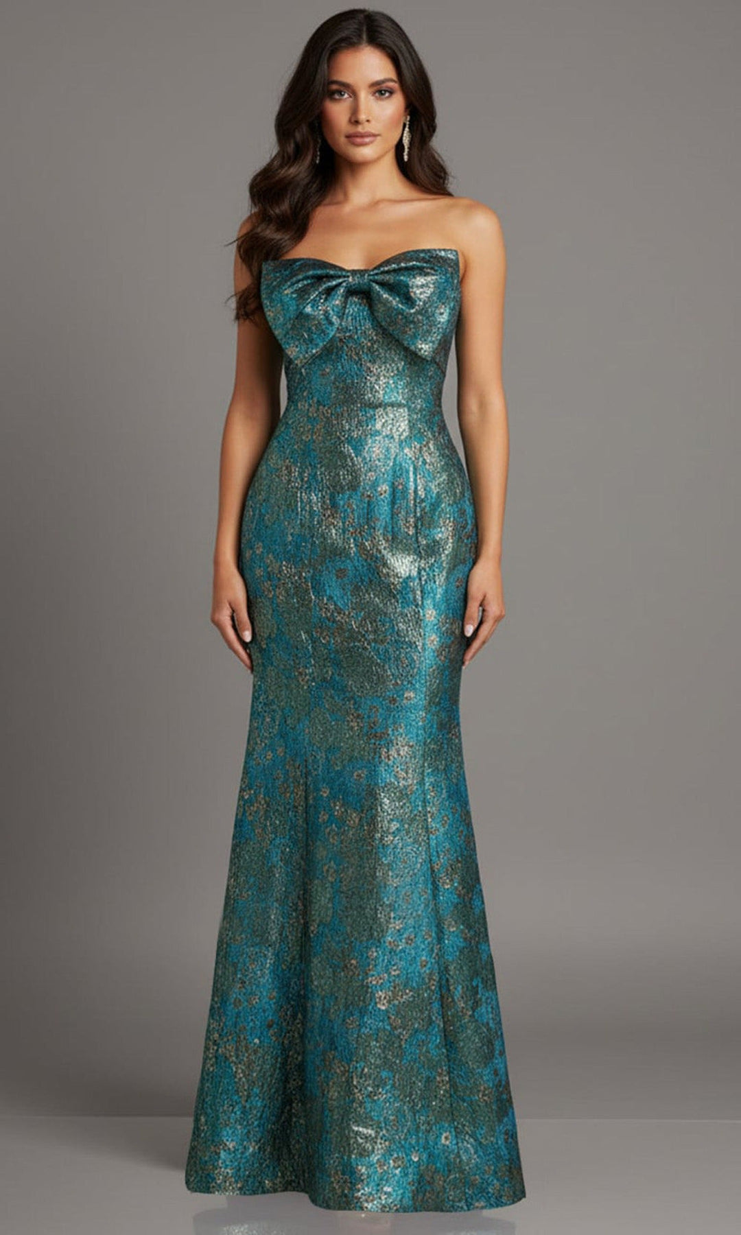 Jovani 49163 Metallic Jacquard Bow Neckline Evening Gown