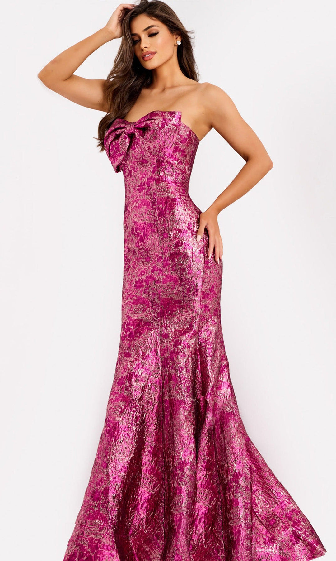 Jovani 49163 Metallic Jacquard Bow Neckline Evening Gown