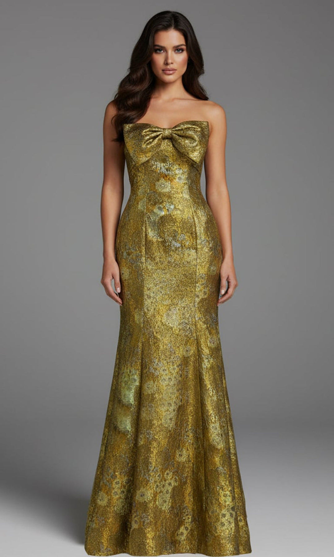 Jovani 49163 Metallic Jacquard Bow Neckline Evening Gown