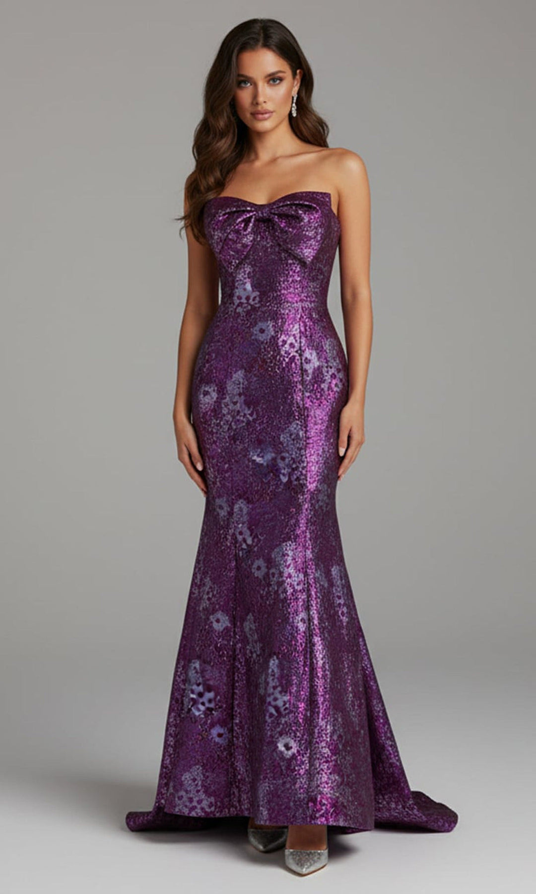 Jovani 49163 Metallic Jacquard Bow Neckline Evening Gown