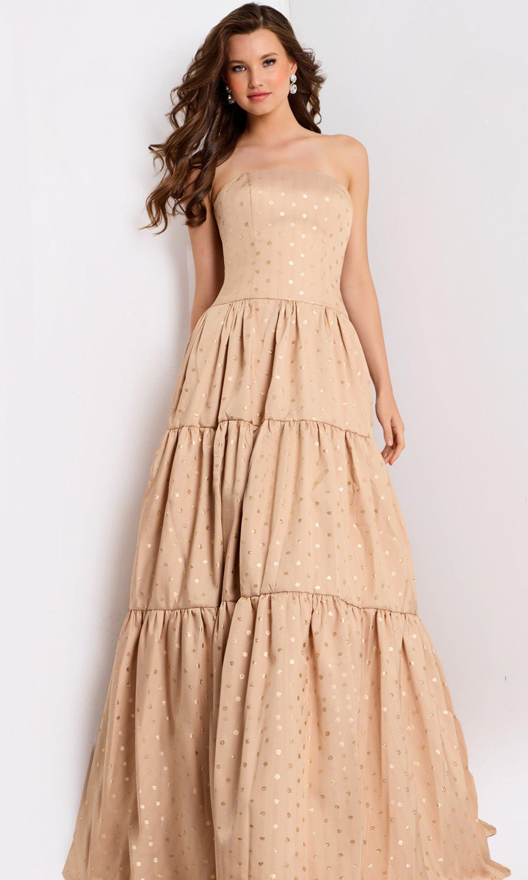 Jovani 49341 Gold Polka Dot Straight Neckline Dress