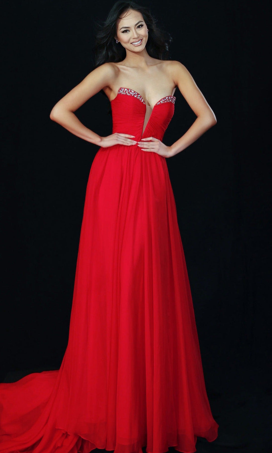 Jovani 49422 Beaded Accent Plunging Chiffon Gown