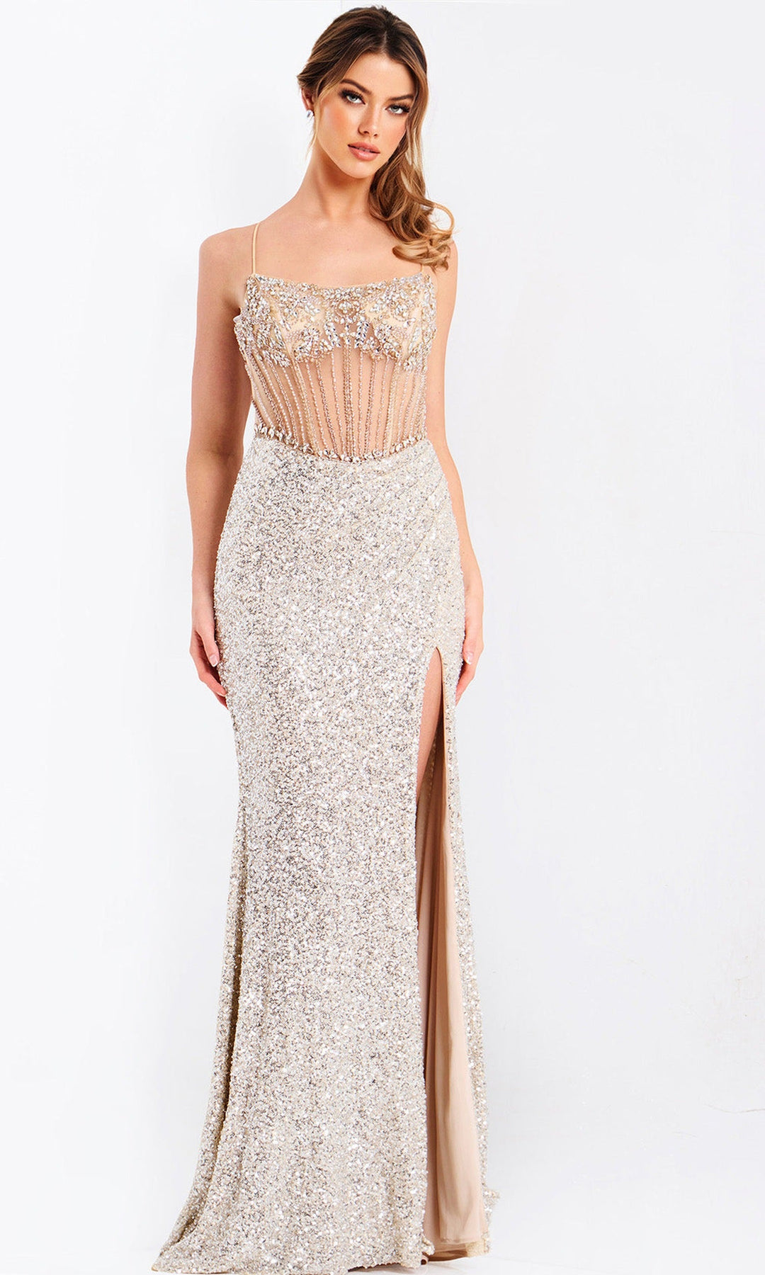 Jovani 49611 - Crystal Embellished Corset High Slit Gown